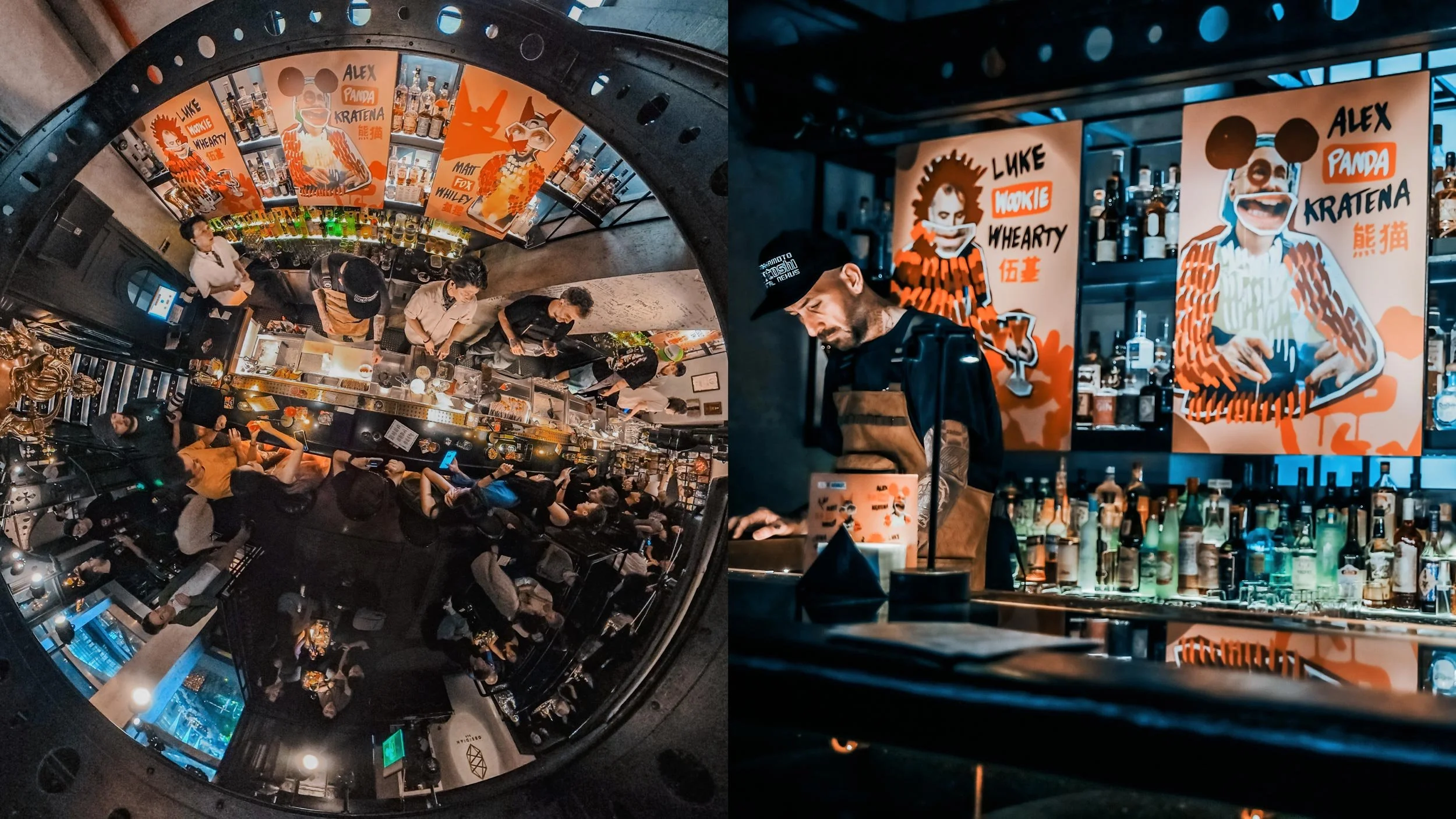 Fish-eye bird’s eye photograph of Obsidian bar showing Matt Whiley, Luke Whearty and Alex Kratena working behind the bar with their posters in the background (left) and Matt Whiley pouring a cocktail with LMC posters behind him (right).