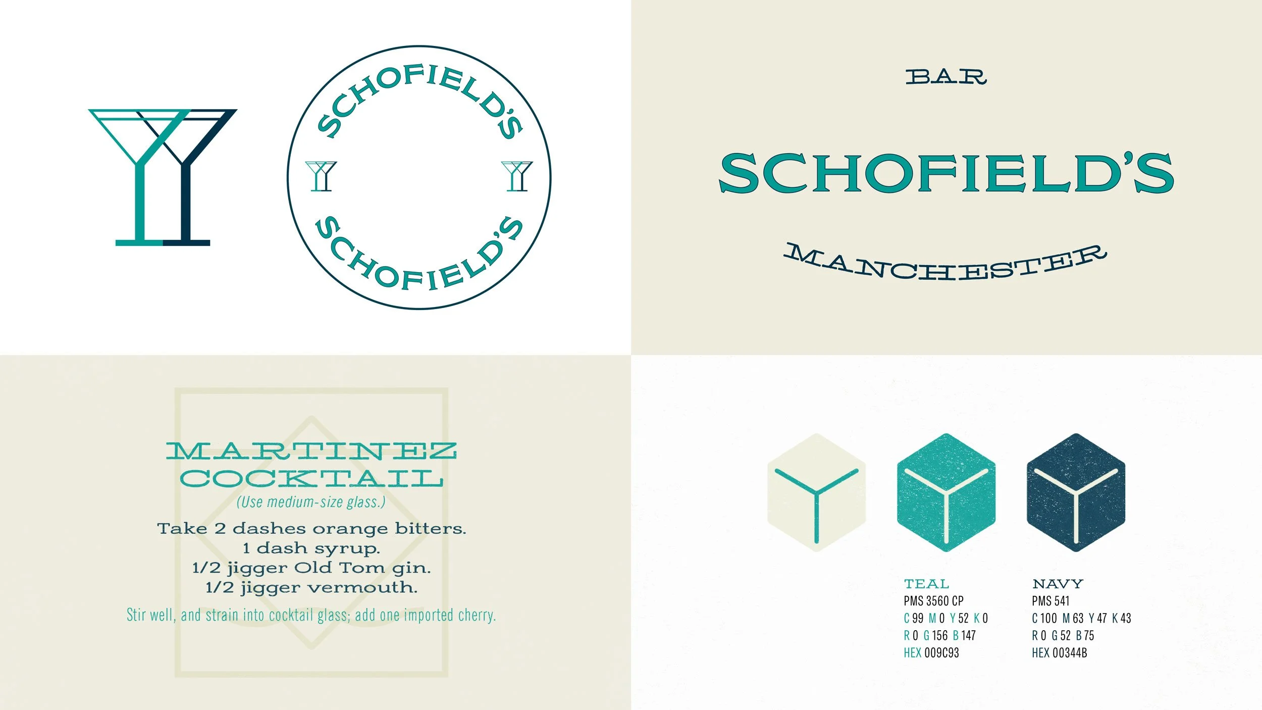 Quad image showing the brand guidelines for Schofield’s including logo, typography and colour palette of cream, teal and navy.