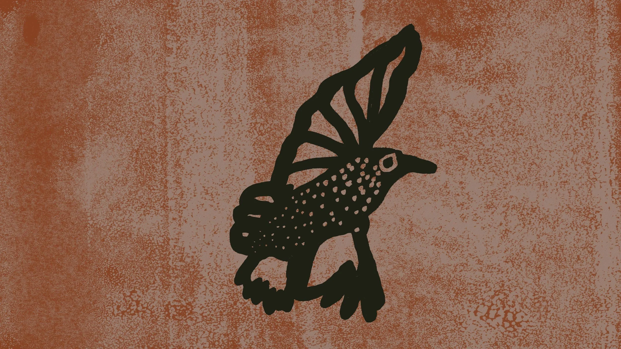 Illustration of a Starling bird drawn loosely with lines and dots in a dark green on a textured brown background.