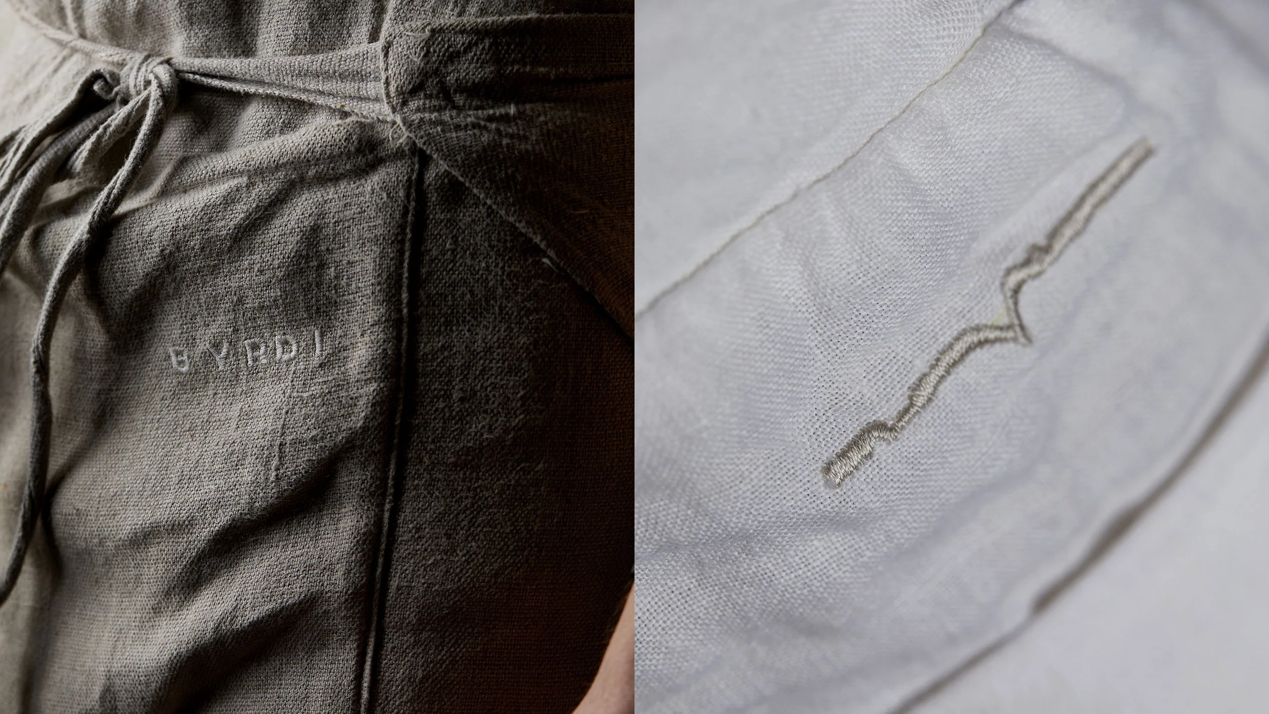 Closeups of the Byrdi aprons showing embroidered logotype (left) and symbol (right) on natural linen.
