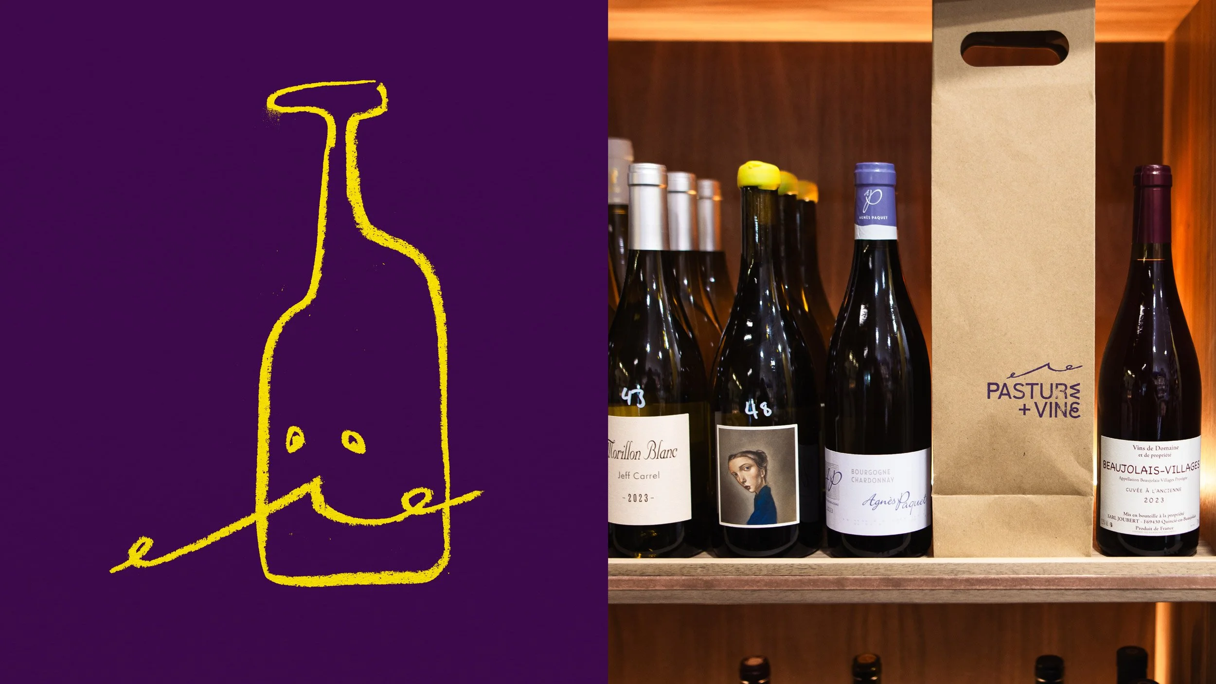 Illustration of a wine bottle with a face on it with a moustache (left) and brown paper wine bag with logo stamped on it within a display of wine bottles on a shelf (right).