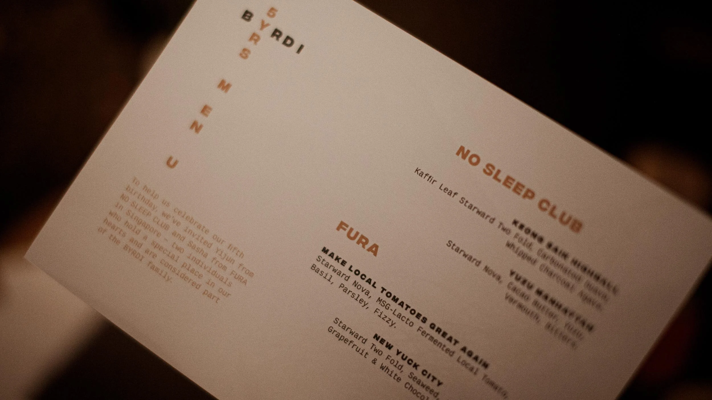Byrdi 5 Yrs Menu showing list of cocktails from ‘No Sleep Club’ and ‘Fura’.