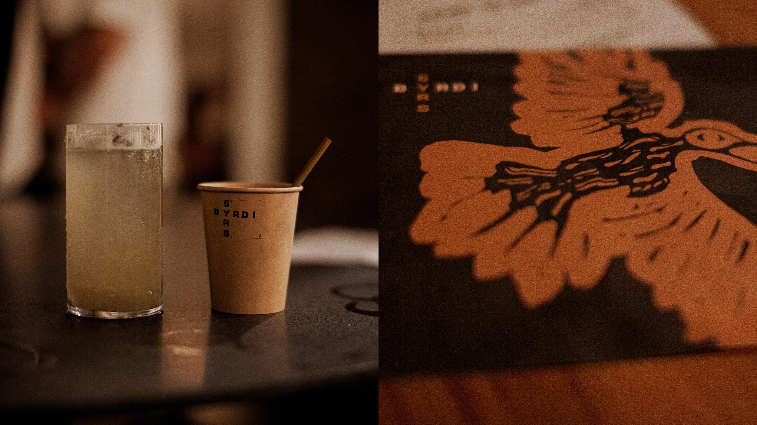 Cocktail in a highball glass next to a paper cup with the Byrdi 5 Yrs logo stamped on it (left) and closeup of menu showing an illustration of a bird (right).