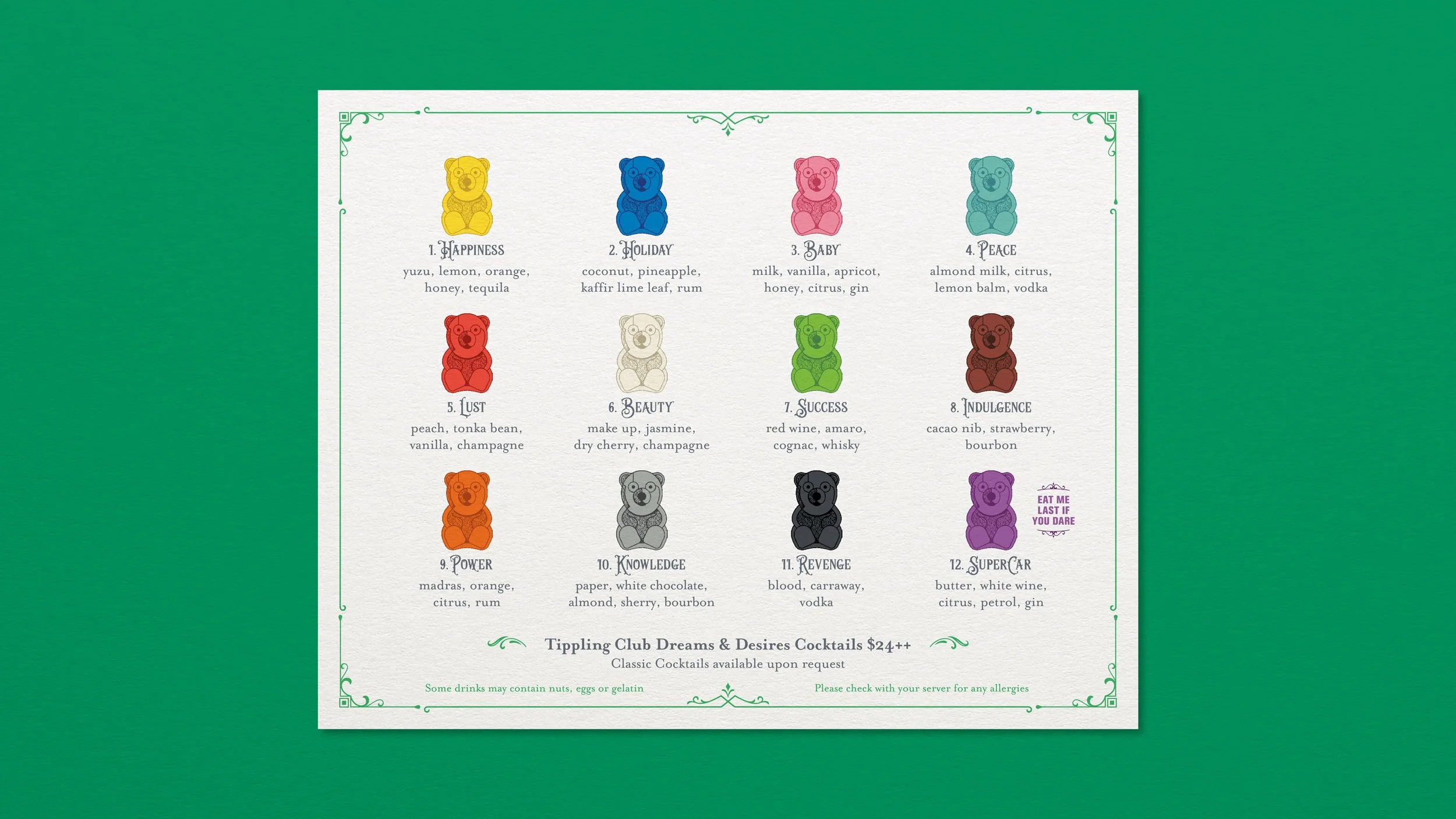 Mockup of Tippling Club “Dreams & Desires” menu on a green background showing a 3x4 grid of colourful illustrated gummy bears with a cocktail name and list of ingredients under each one.