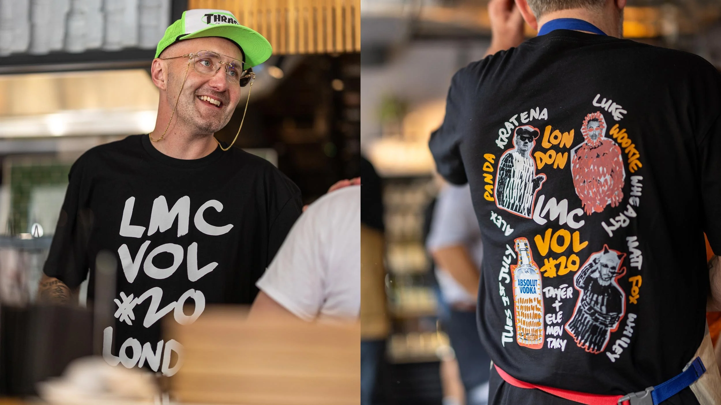 LMC VOL #20 LONDON t-shirts: Alex Kratena smiling in a green cap showing front of t-shirt (left) Luke Whearty with back of t-shirt visible showing hand drawn typography with event details surrounding collage images (right).