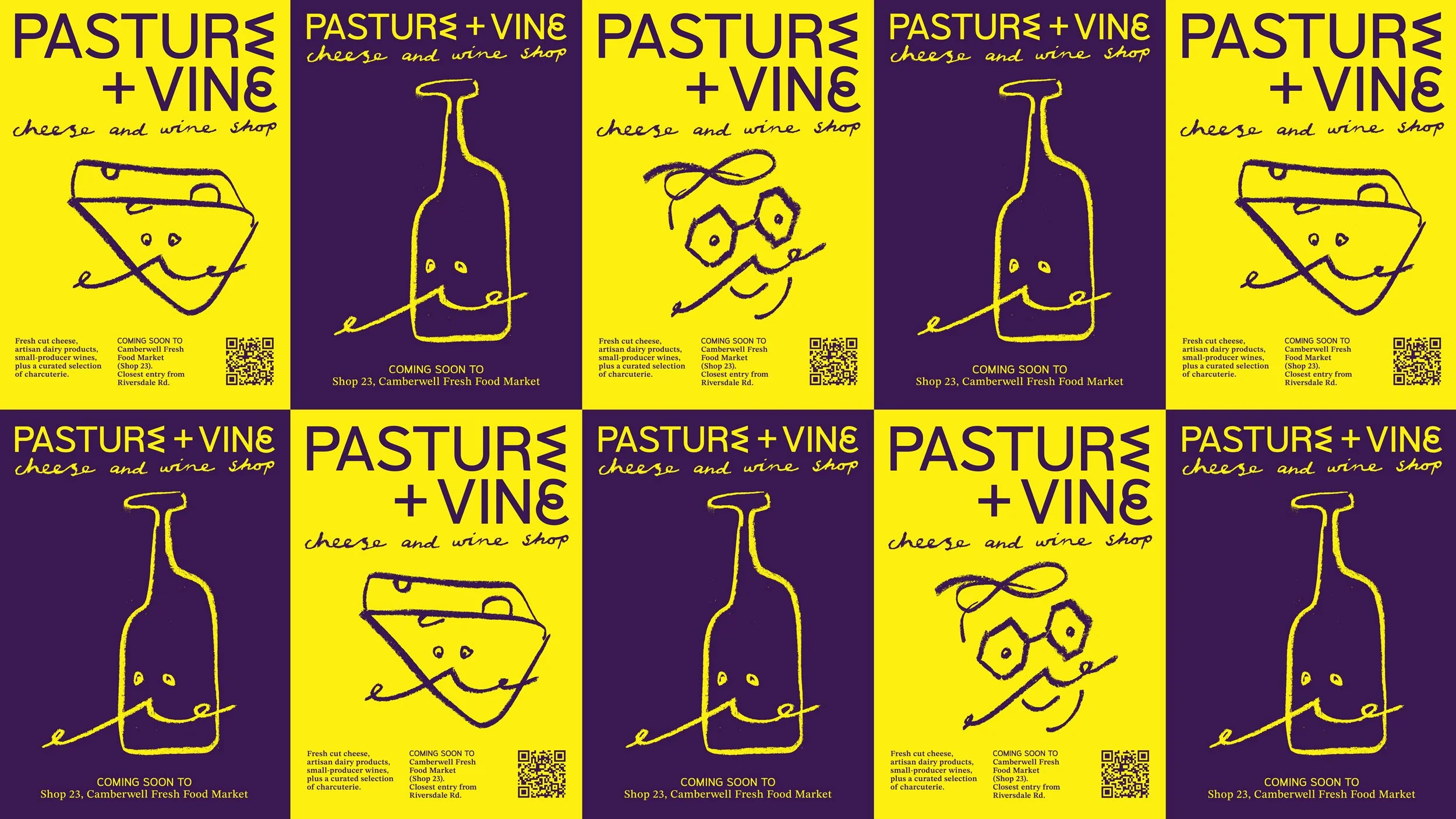 Launch posters for Pasture and Vine in purple and yellow showing illustrations of cheese, wine and portrait of Blake.