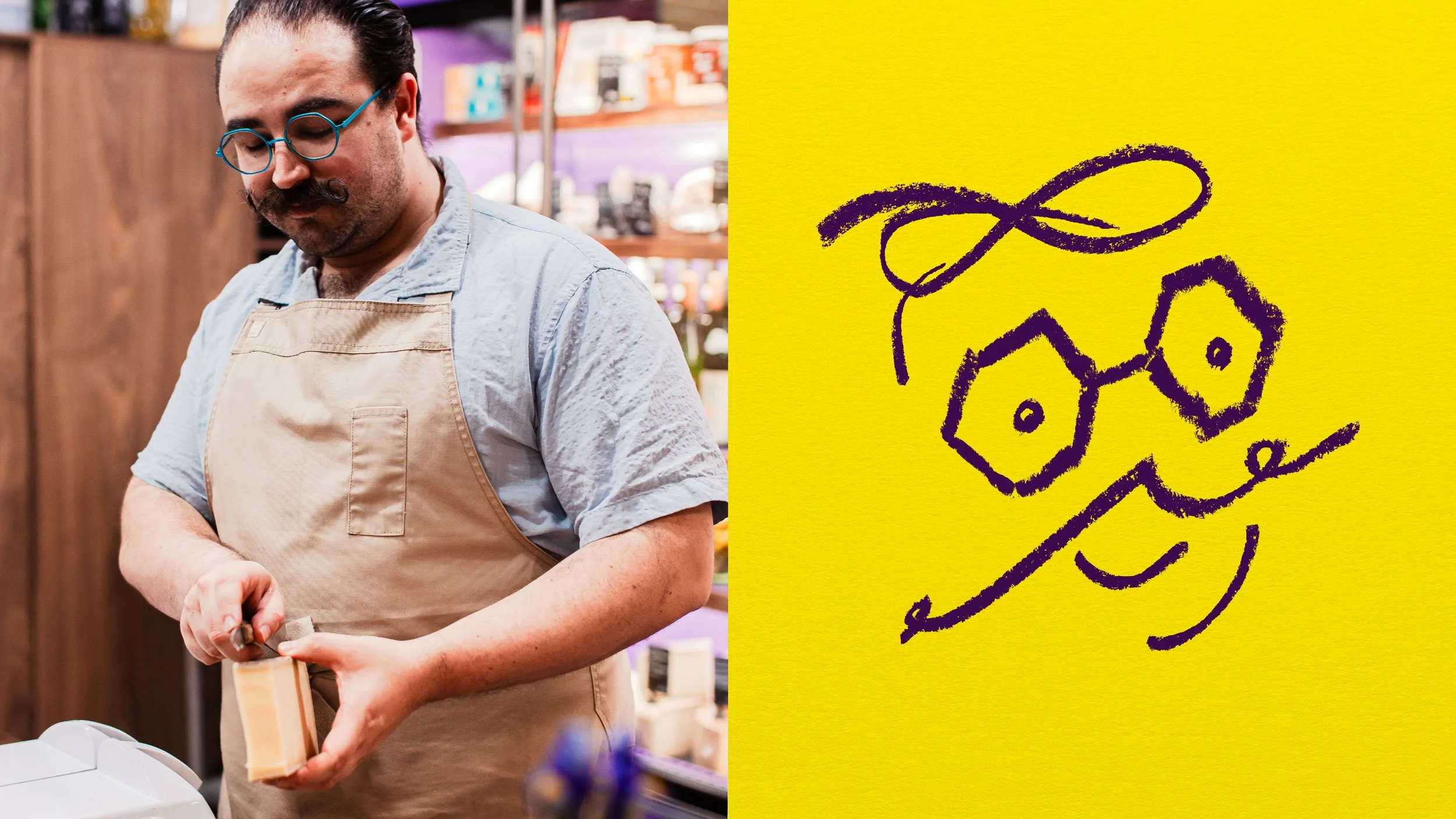 Portraits of Blake Sebastian, one is a photograph of him cutting cheese in an apron (left) and the other is an illustration of his face showing his iconic octagonal glasses and moustache (right).