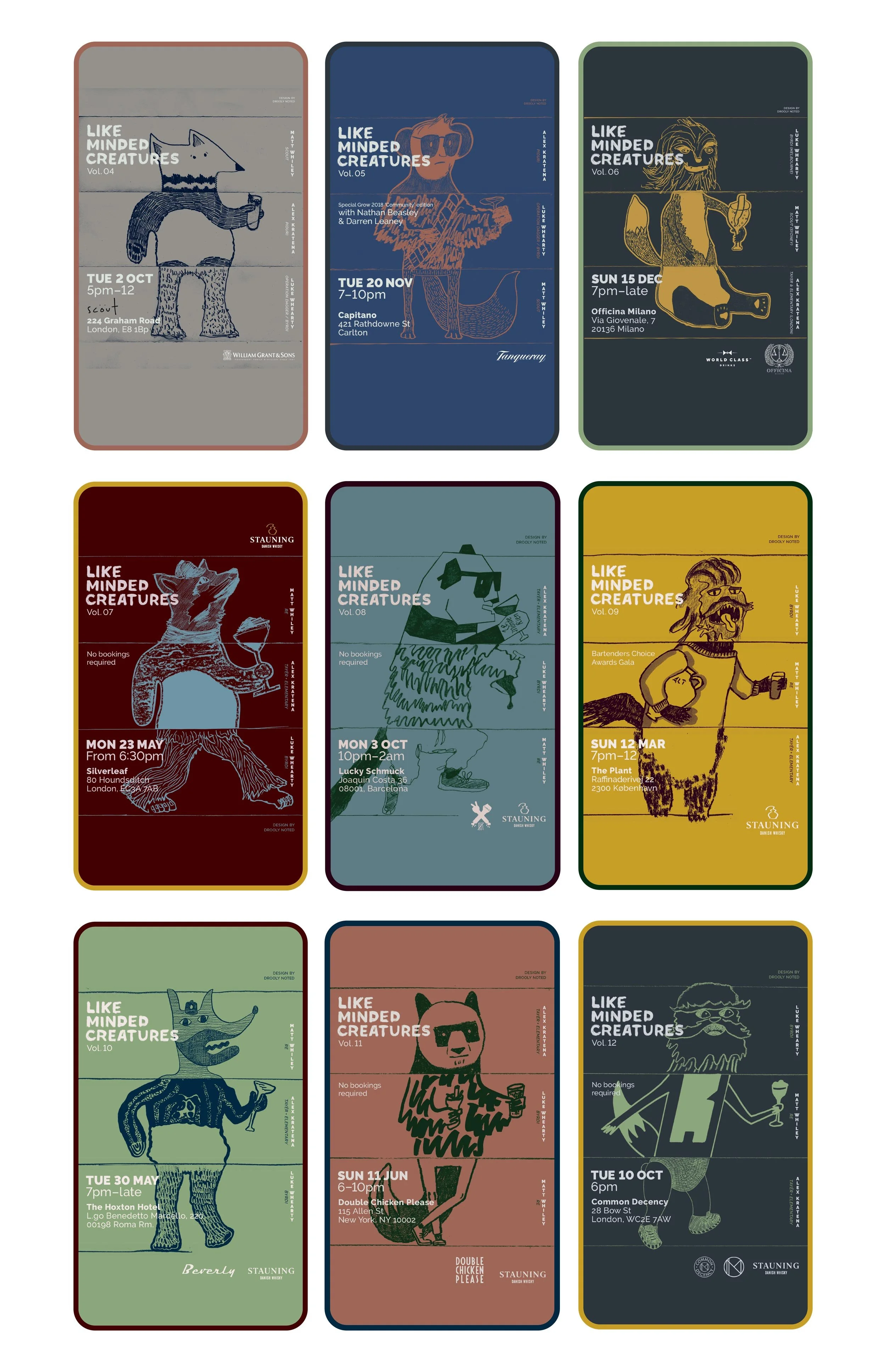 Nine phone mockups showing Like Minded Creatures social posts in an array of colours.