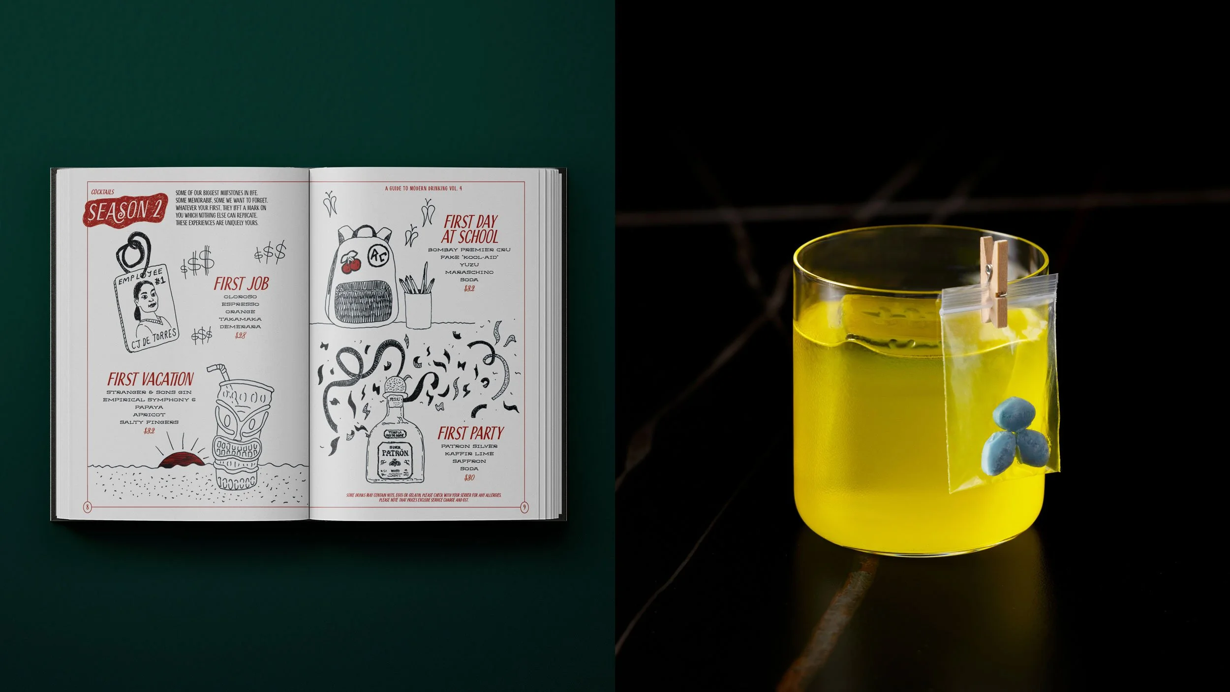 Mockup of Tippling Club’s “First Time For Everything” cocktail menu using the Tippling Club ink style to create diary entries for ‘Season 2’ and associated four cocktails (left) and “First Party” cocktail (right).