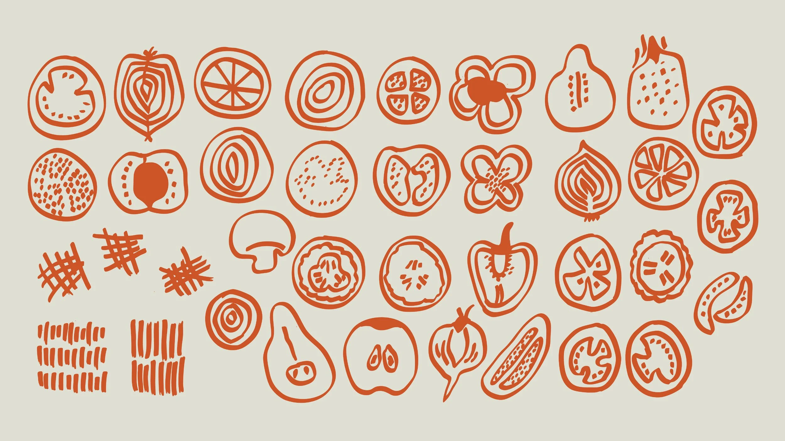 Visual language for Two Hands Forge showing illustrations of sliced fruits and vegetables in a rust orange colour.