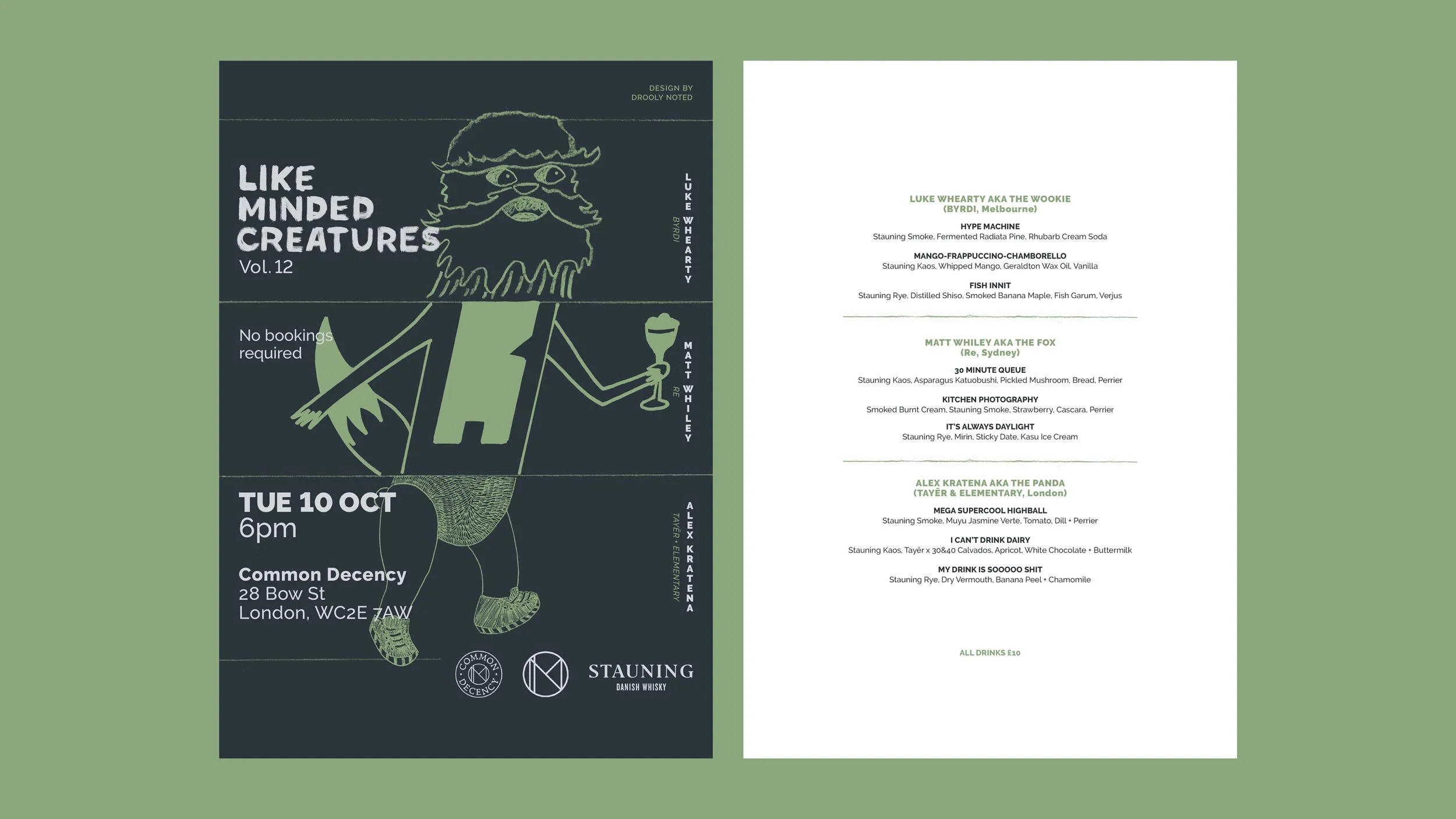 Front and back menu for Like Minded Creatures Vol. 12. Front shows a light green exquisite corpse illustration made up of a panda, a fox and a wookie, while the back features the menu.