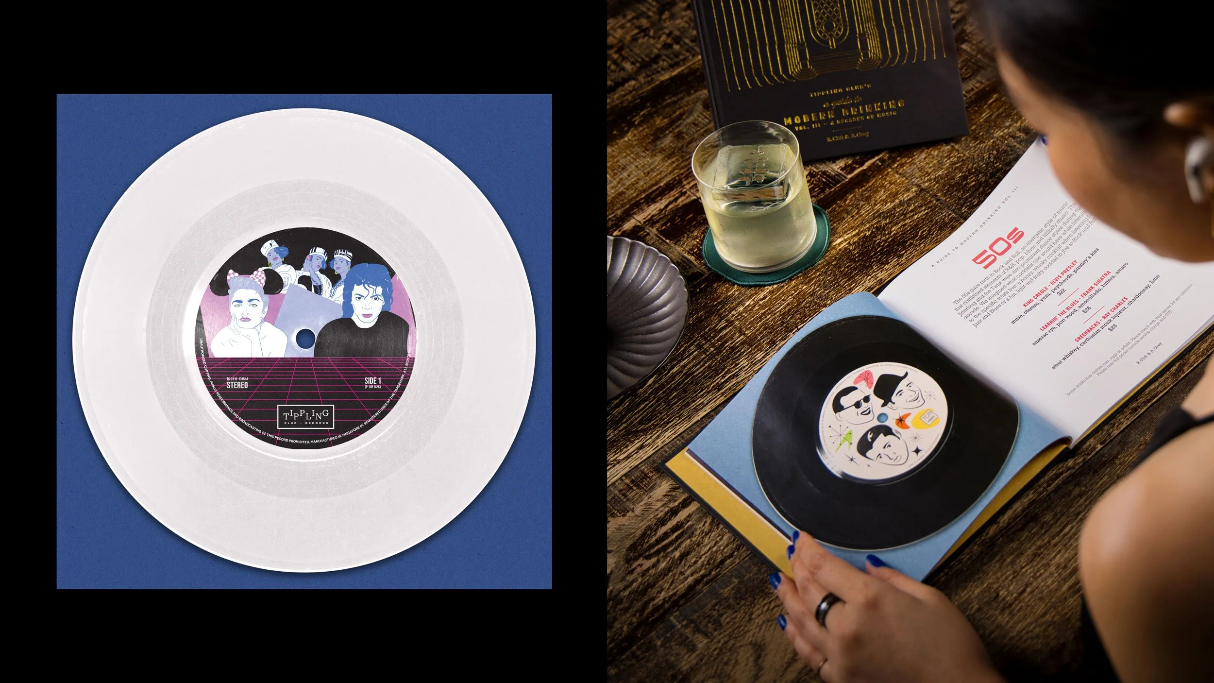 Record label illustrating the 80’s decade on a white vinyl (left) and rear view of a person flipping through cocktail menu. The menu is open to the 50s spread where we can see a list of cocktails and an accompanying record illustration (right).