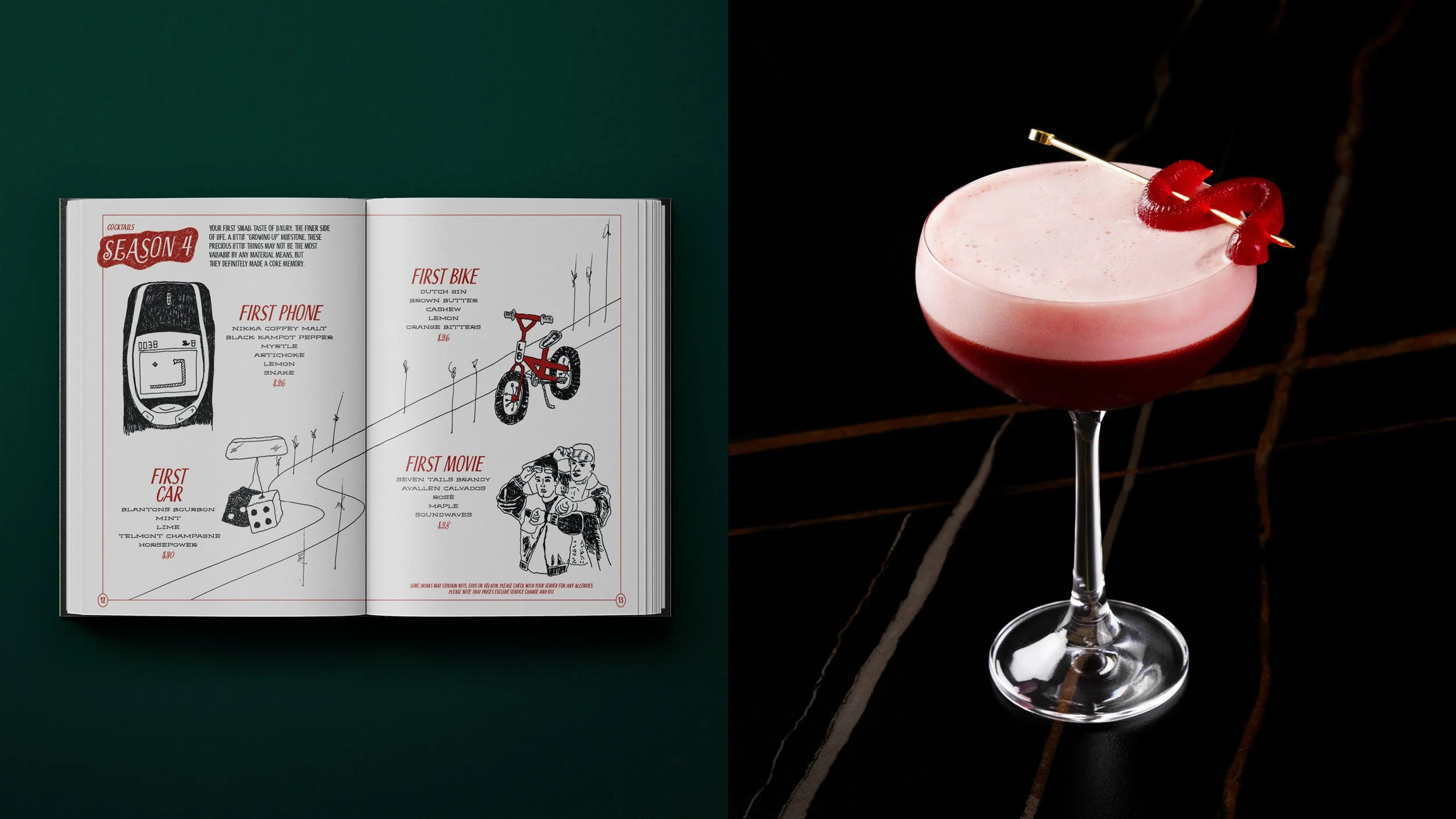 Mockup of Tippling Club’s “First Time For Everything” cocktail menu using the Tippling Club ink style to create diary entries for ‘Season 4’ and associated four cocktails (left) and “First Phone” cocktail (right).