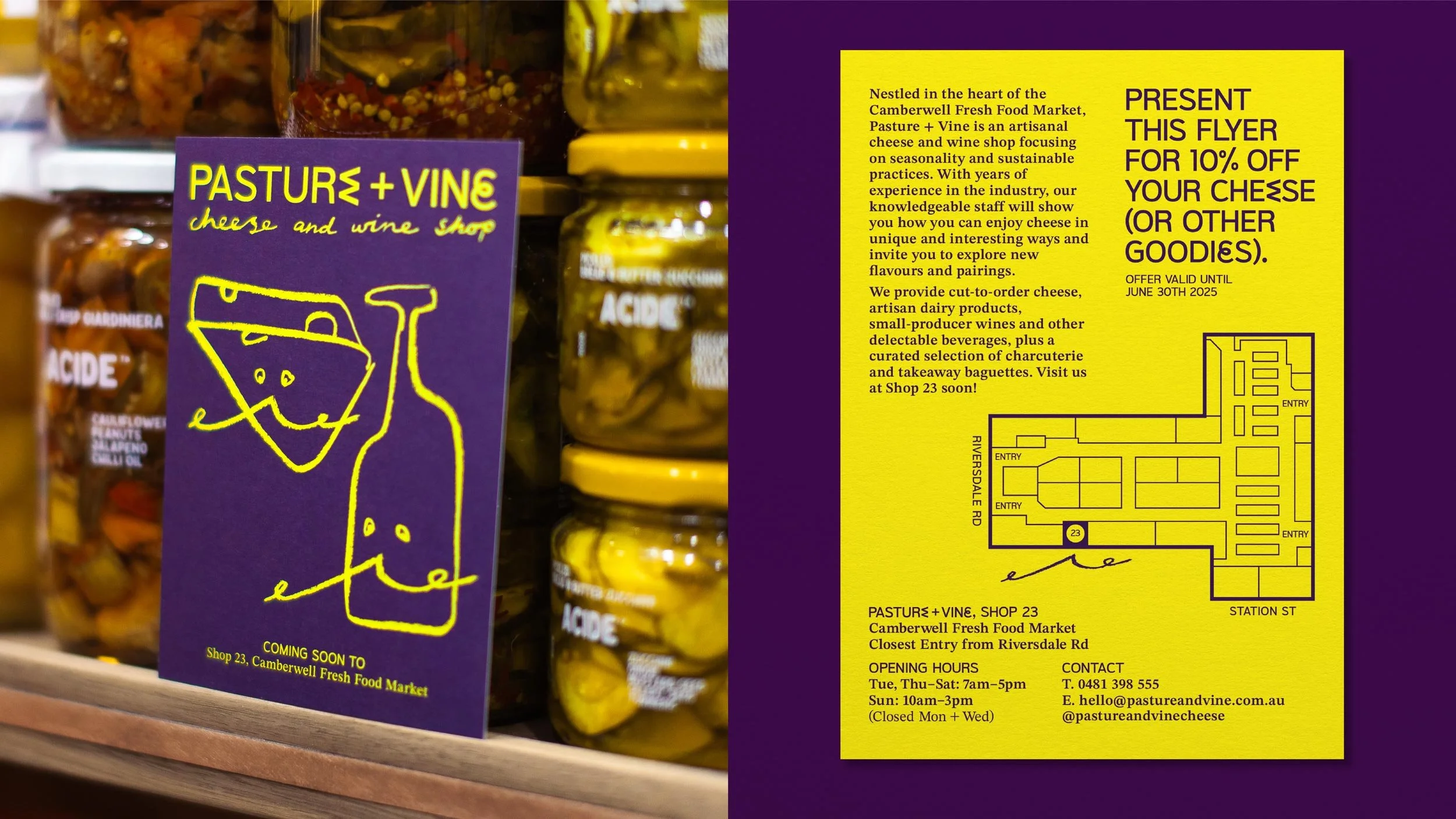 Closeup of purple and yellow Pasture and Vine flyer leaning against pickle jars on a shelf (left), back side of flyer showing map of the Camberwell Fresh Food Market and details about the shop.