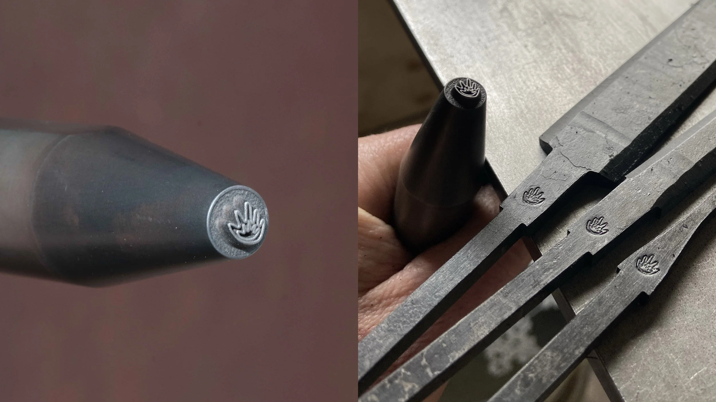Two photos of the Two Hands Forge touch mark: one shows a close-up of the tool stamp showing the logo on the end of the metal die (left), while the other shows a person holding the die next to three chisel blades stamped with the logo (right).