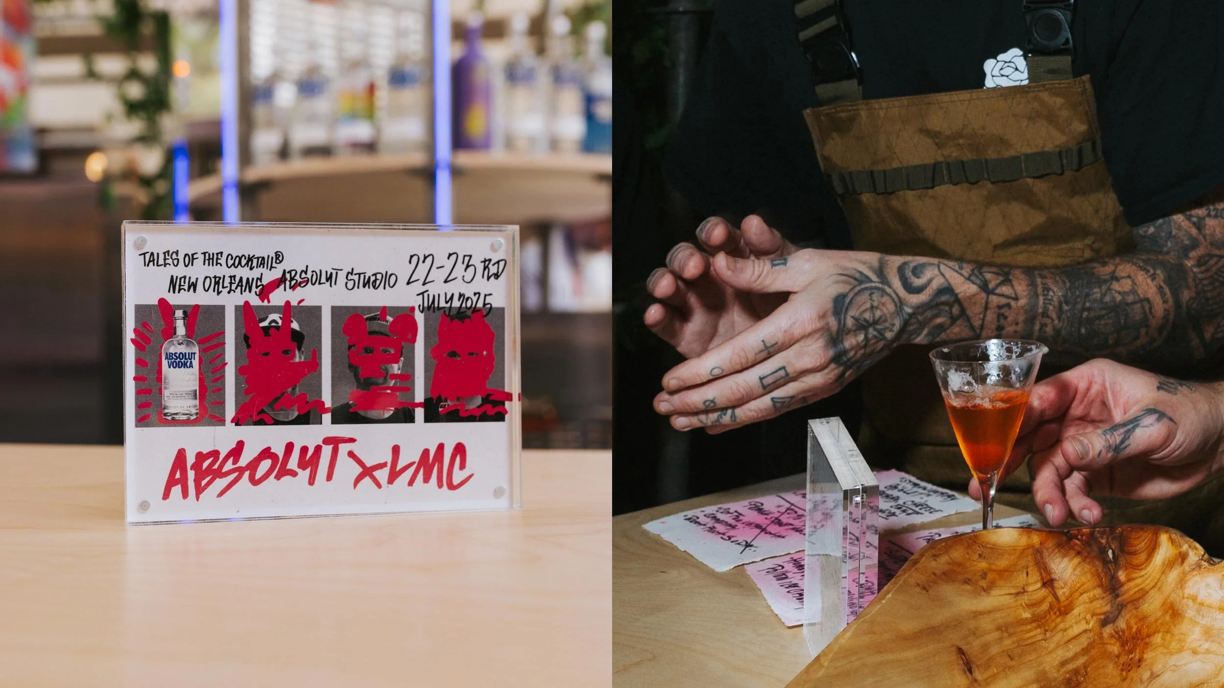 Framed flyer of graphics promoting Absolut x LMC at Tales of the Cocktail New Orleans (left) and tattooed hands of Matt Whiley and Luke Whearty serving up a drink (right).