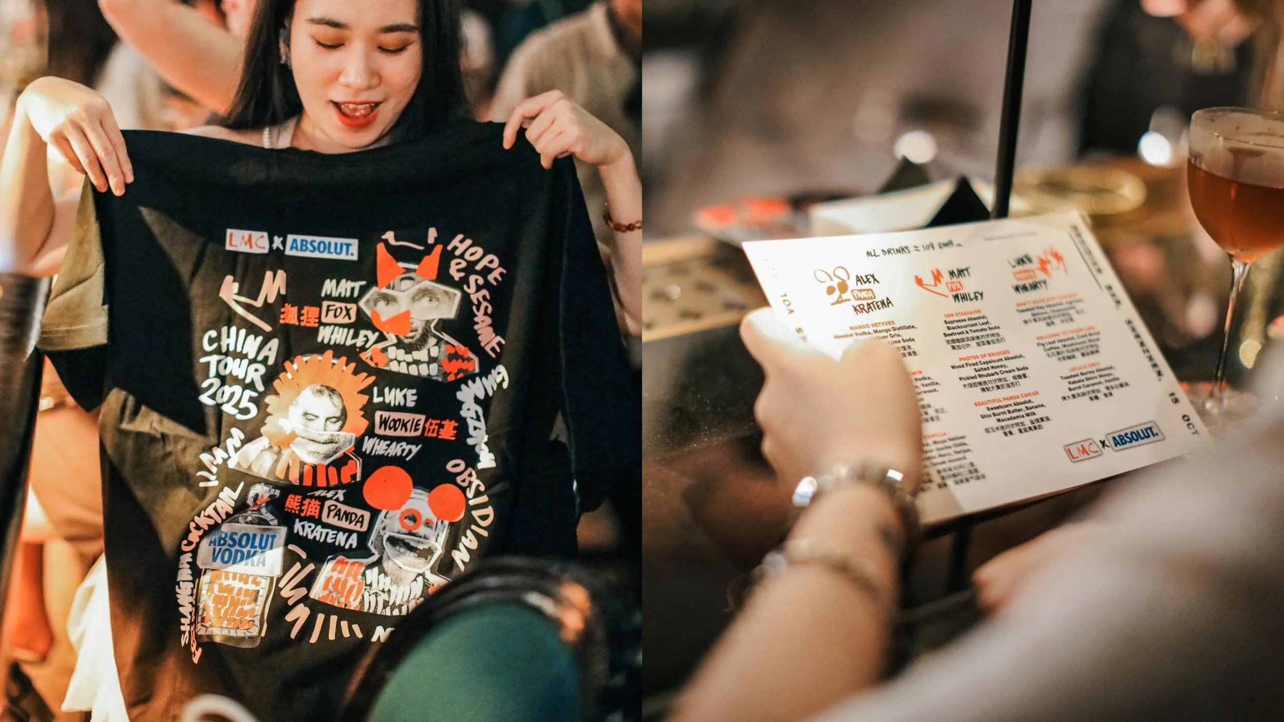 Long-haired smiling woman holding up a black LMC t-shirt up against her torso posing to camera (left) rear view of person sitting at bar holding menu.