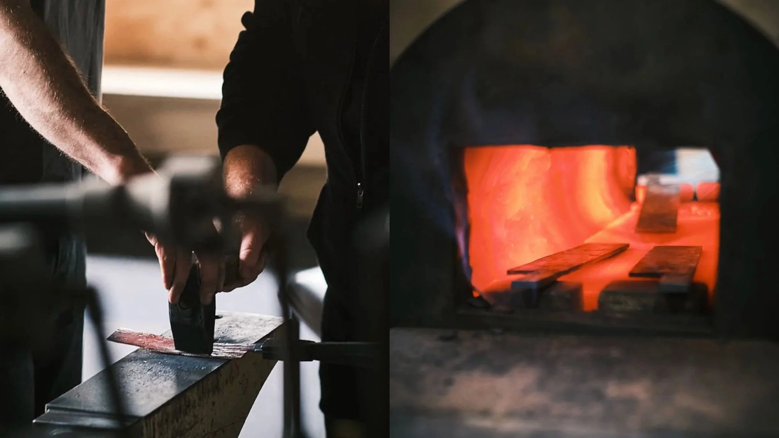 Two photos showing inspiration behind the Two Hands Forge logo. Closeup of two hands on a hammer forging a knife blade on top of an anvil (left image) and two blades sitting in a forge taking a heat showing the bright orange flames (right image).