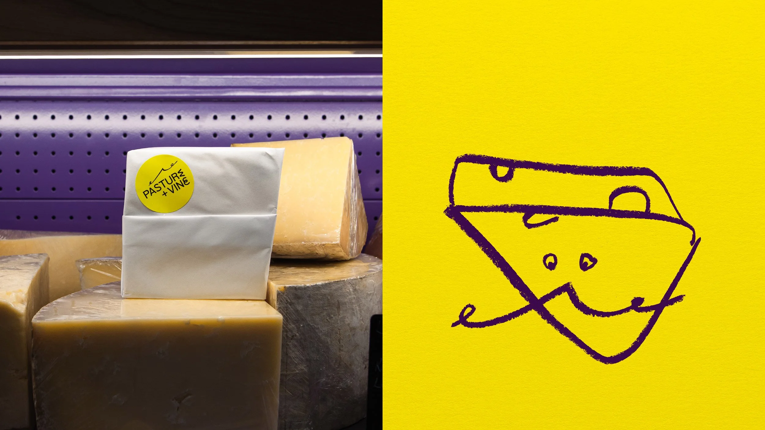 Round, yellow Pasture and Vine sticker on a piece of paper wrapped cheese sitting on a display of cut cheeses (left) and illustration of a piece of cheese with a face on it with a moustache (right).