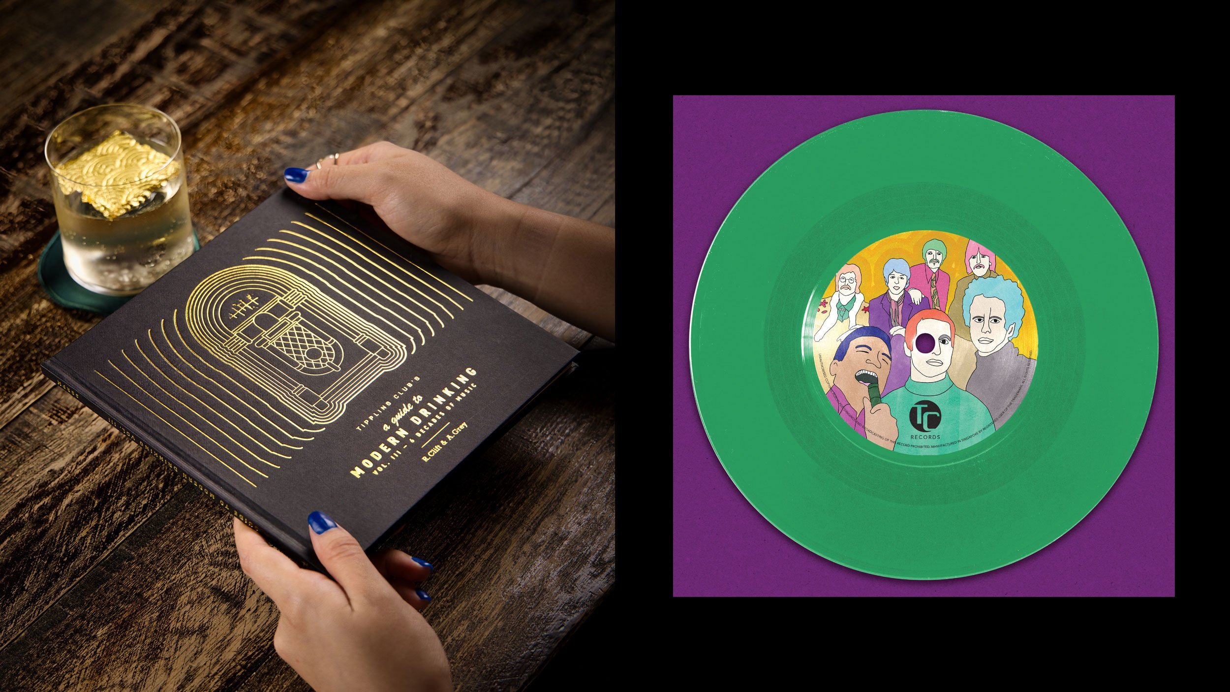 Hands holding “Tippling Club’s A Guide to Modern Drinking Vol. III – 6 Decades of Music” Menu. The menu is square format with a gold foil line illustration of a jukebox on the cover (left) and record label illustration on a green vinyl (right).