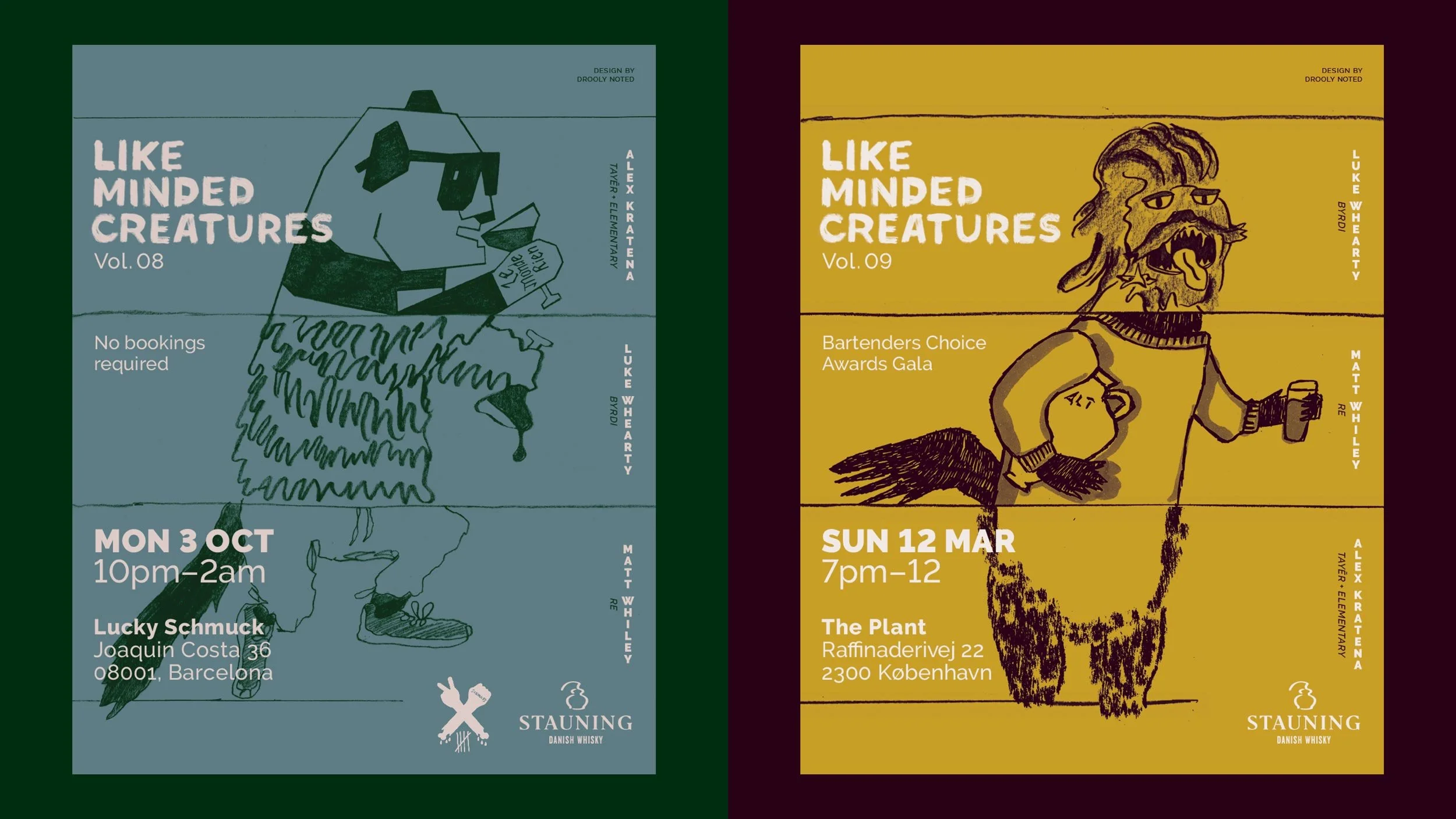 Two social posters to promote Like Minded Creatures Vol. 08 and Vol. 09 each featuring an exquisite corpse illustration made up of a panda, a fox and a wookie.
