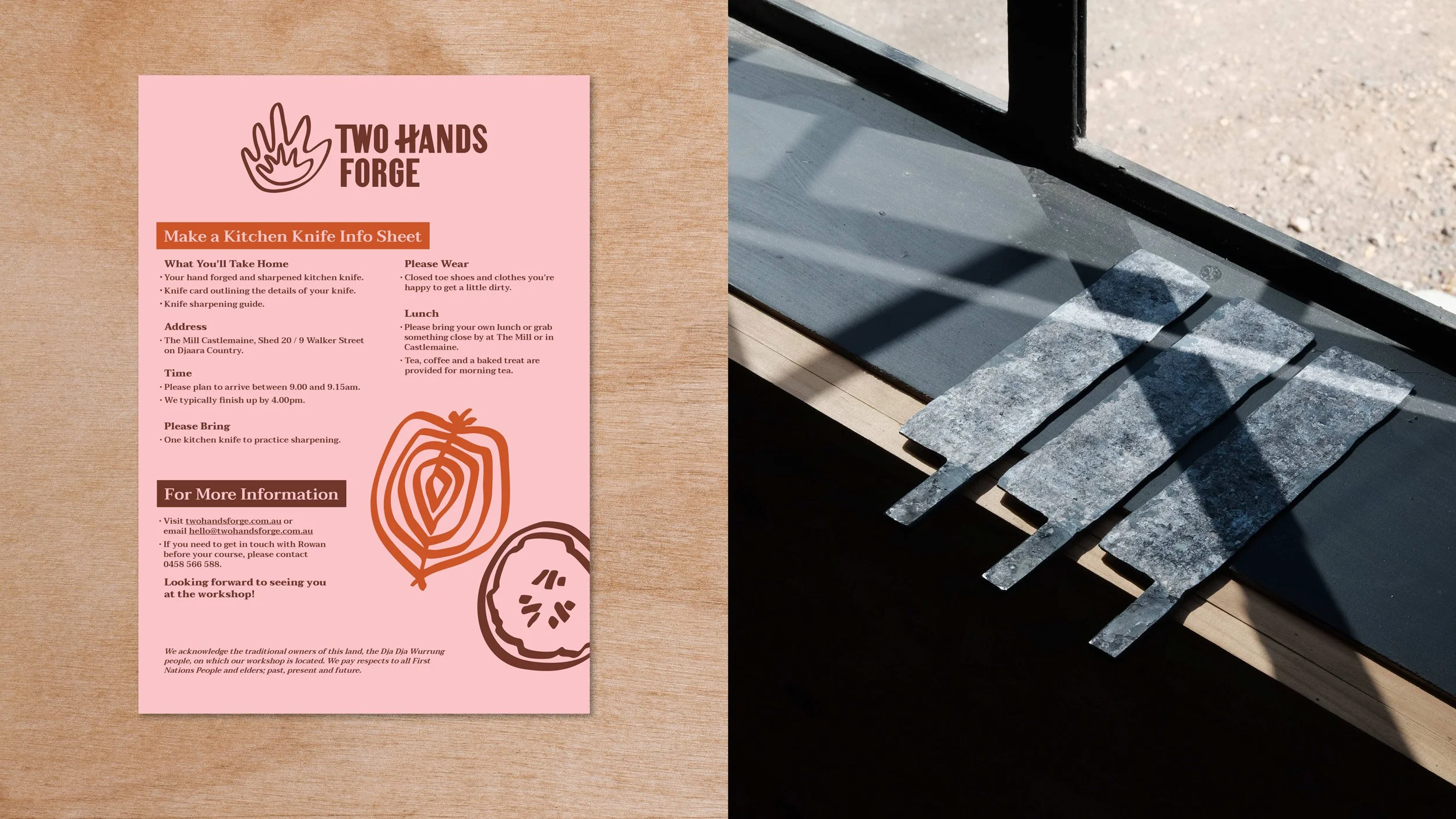 Mockup of ‘Make a Kitchen Knife Info Sheet’ detailing information about the course including ‘What’ You’ll Take Home’, Address’ etc (left) and closeup of three knife blades sitting on a black windowsill (right).