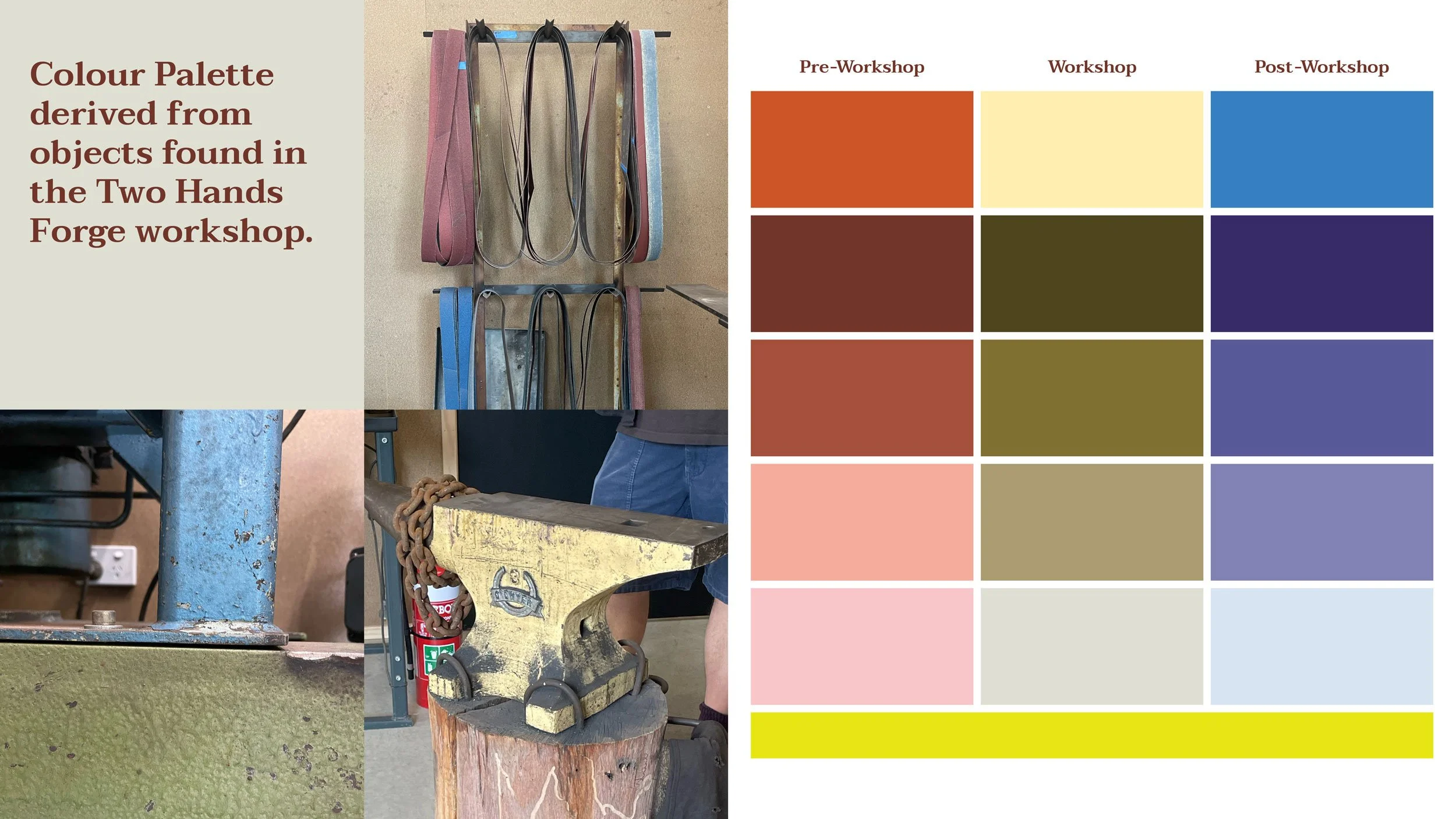Colour palette for Two Hands Forge showing shades of reds, greens and blues, with a pop of chartreuse.