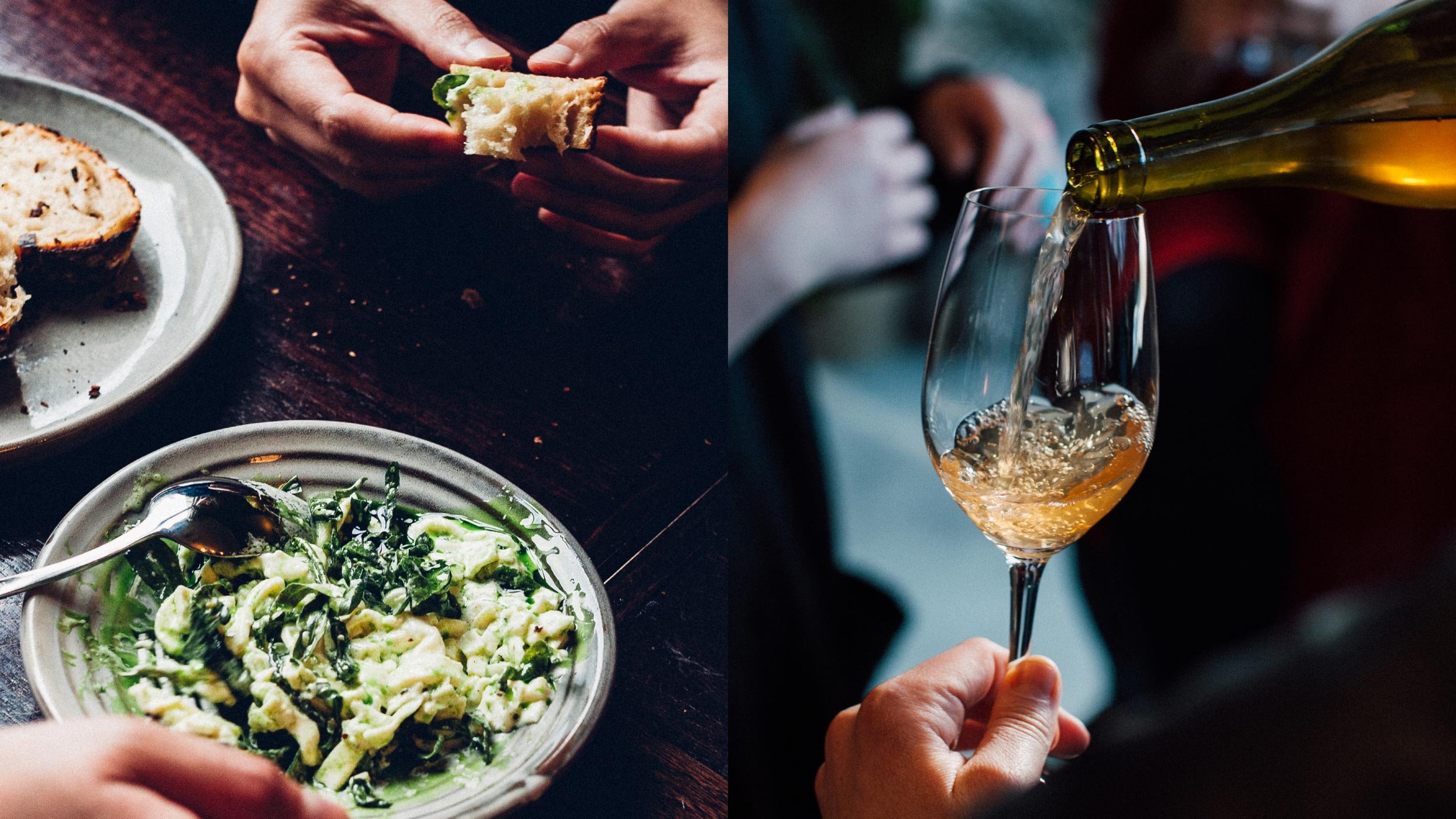Plate of stracciatella cheese and greens with hands holding a piece of bread over a wooden table (left) and hand holding a glass of wine with a natural orange wine being poured into it (right) from Someday Sessions events.