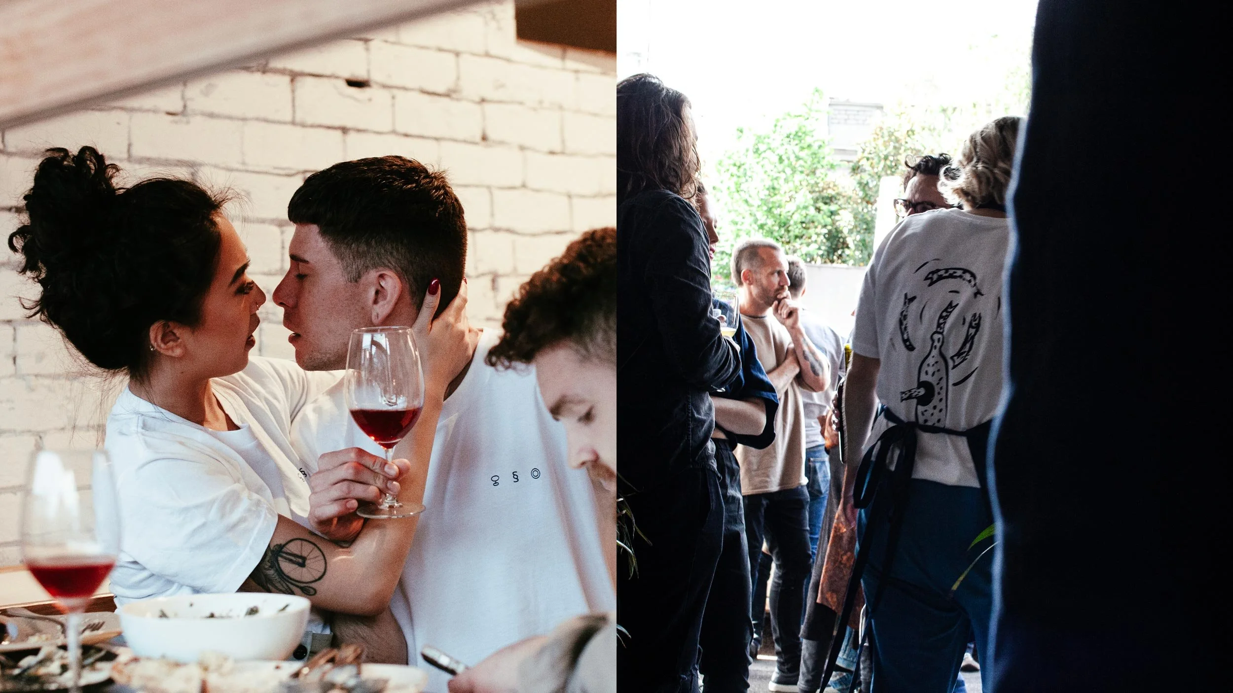 Someday Sessions t-shirts: two people leaning in for a kiss showing front of t-shirt (left) group of people with back of t-shirt visible showing hand drawn bottle with three anchovies circling around it (right).