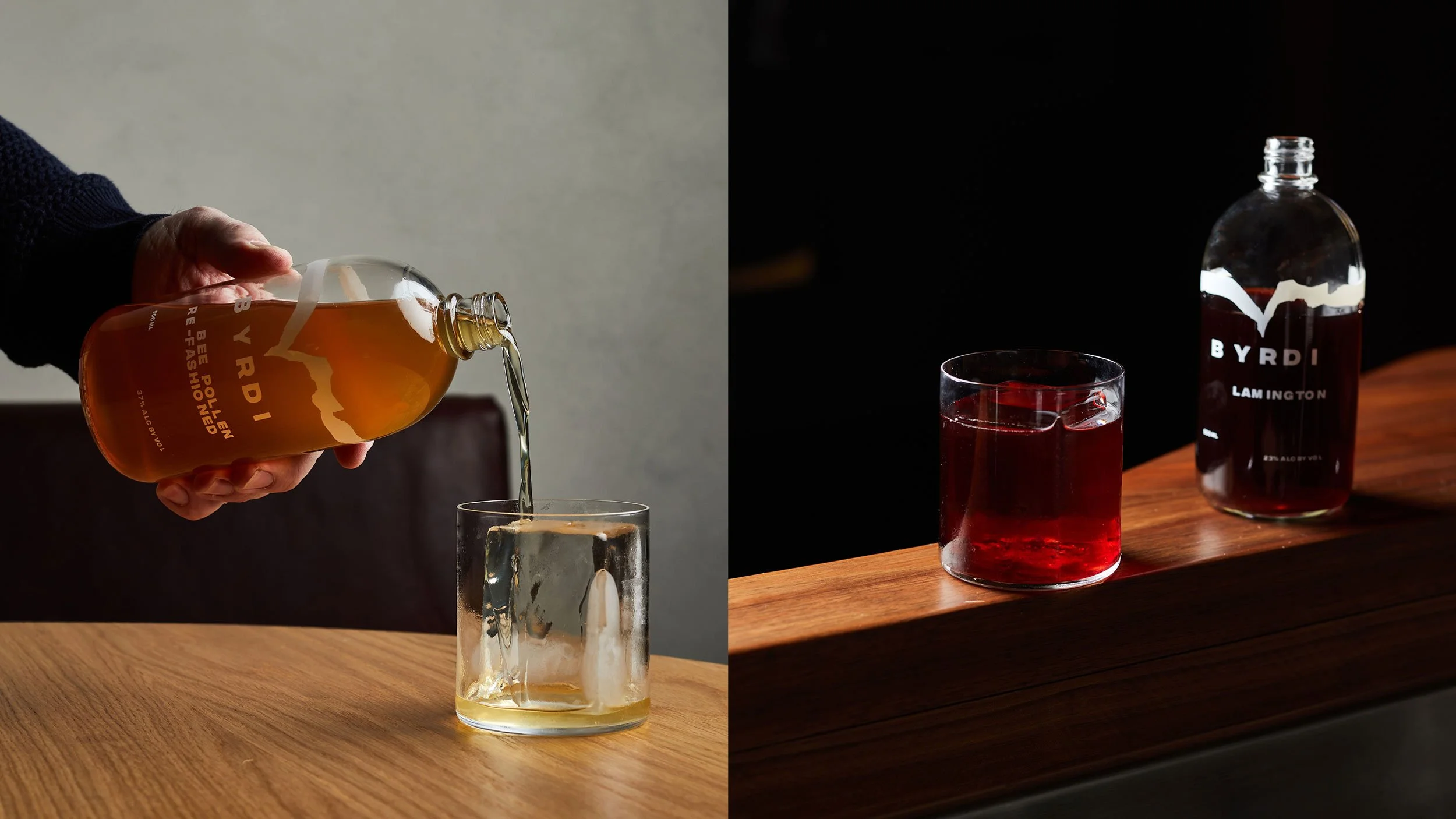 Side-by-side images of Byrdi bottled cocktails with the labels screen-printed directly onto the bottle: “Bee Pollen Refashioned” (left) and “Lamington” (right).
