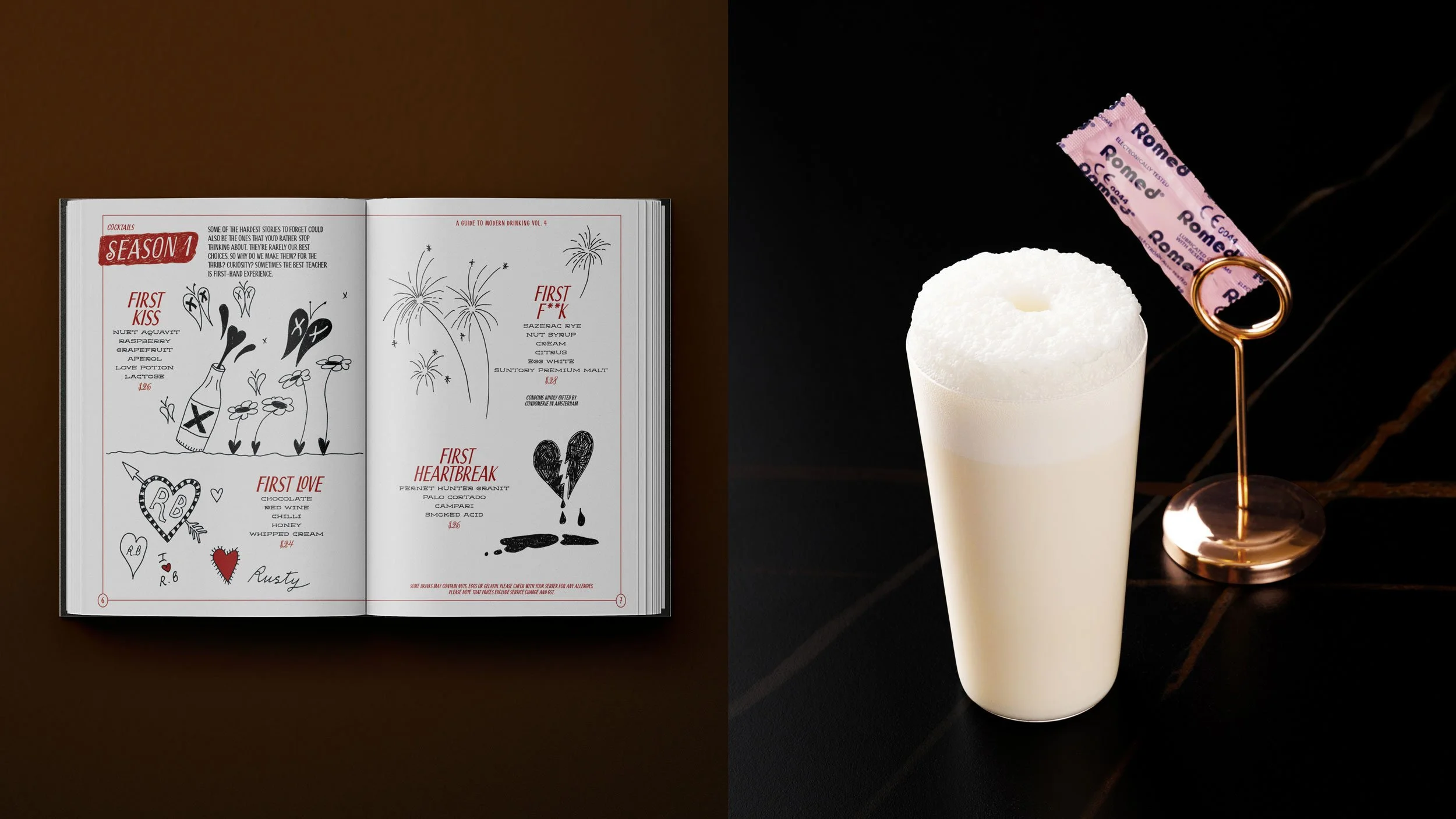 Mockup of Tippling Club’s “First Time For Everything” cocktail menu using the Tippling Club ink style to create diary entries for ‘Season 1’ and associated four cocktails (left) and “First F**K” cocktail (right).