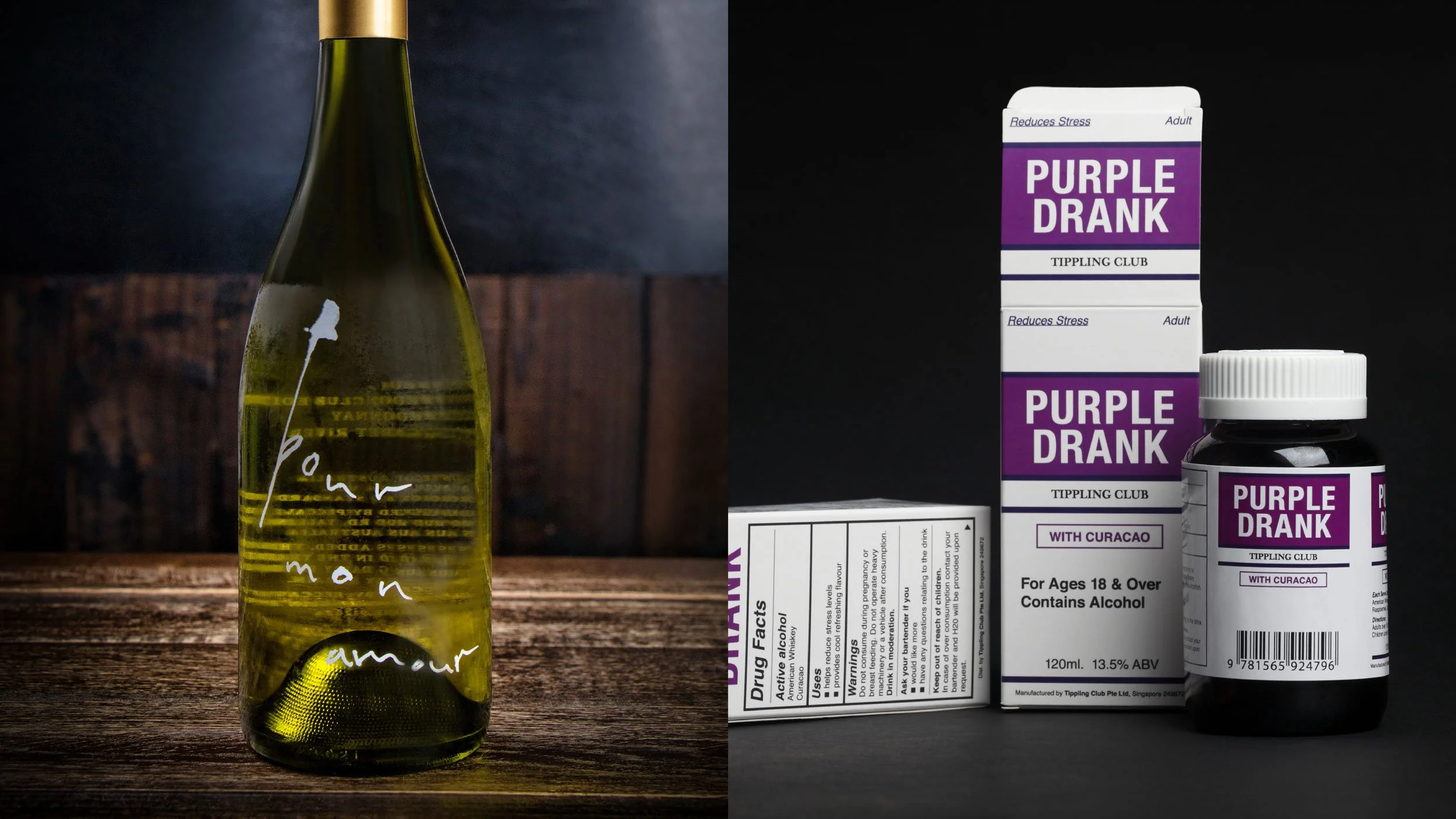 Label design for Tippling Club’s white wine showing the words “Pour Mon Amour” screen printed onto the bottle in a hand drawn ink style (left) and packaging design for a cocktail “Purple Drank” which imitates a cough syrup bottle and box (right).