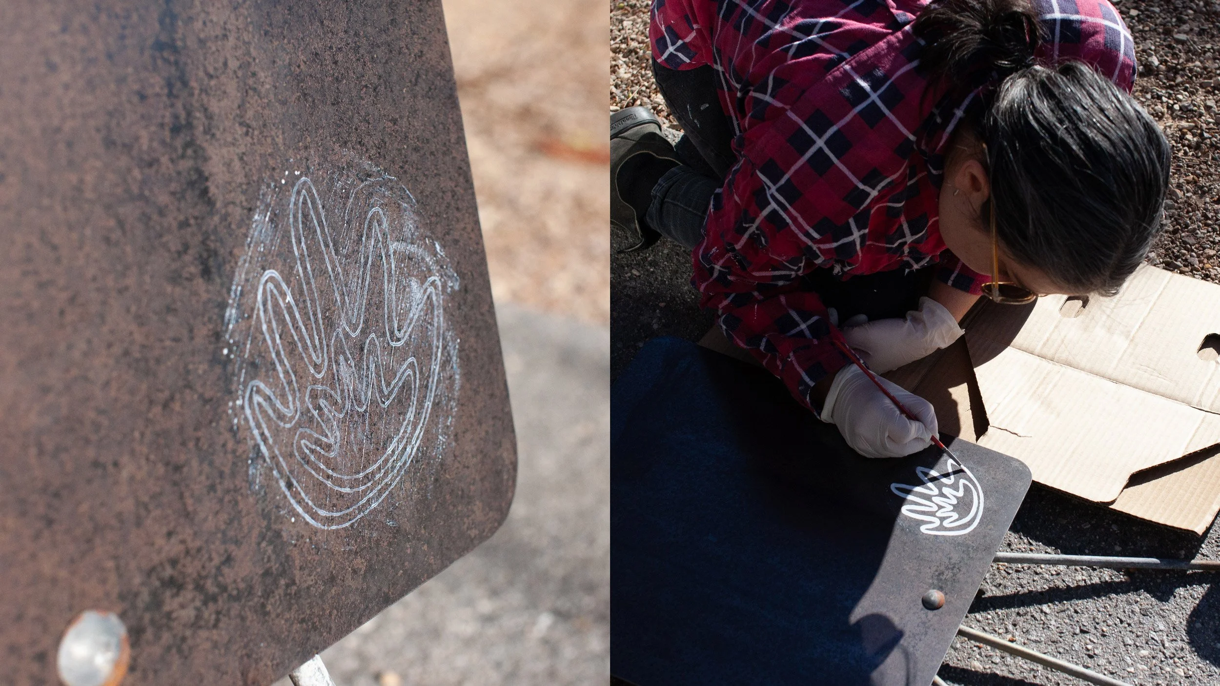 Two photos showing the process of making the Two Hands Forge A-Frame: one shows a close-up of the logo on the left sketched out on the frame, while the other shows a person painting the logo onto the sign on the right.