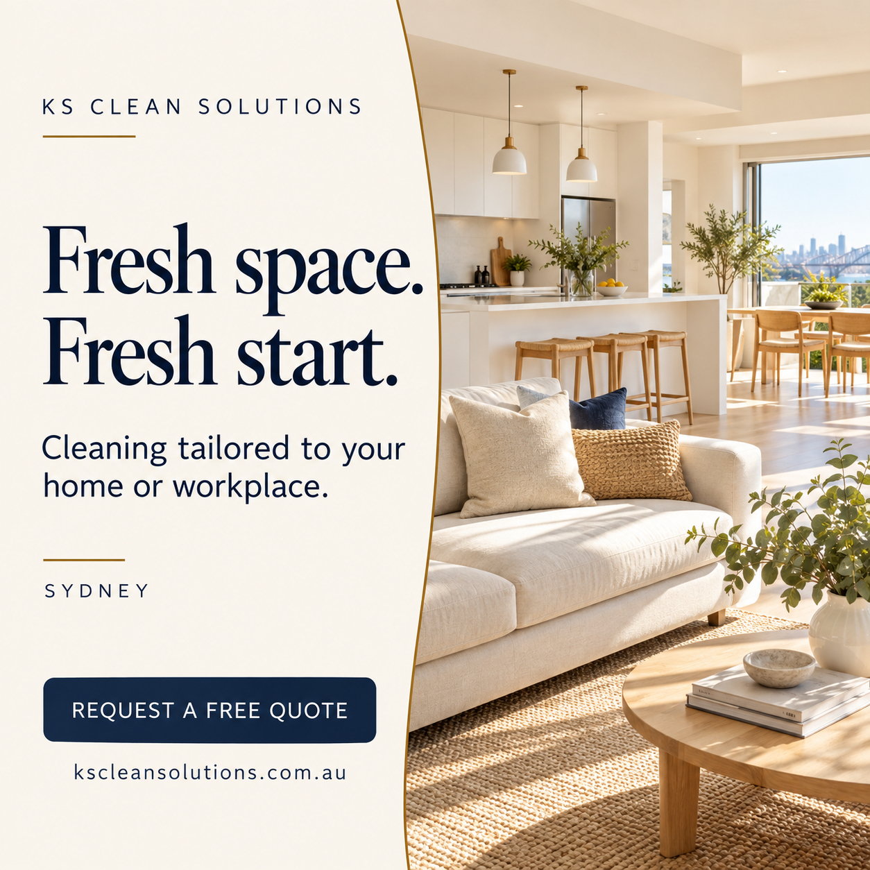 Fresh space. Fresh start. KS Clean Solutions: cleaning tailored to your home or workplace in Sydney. Request a free quote. Promotional illustration of a sunlit interior.