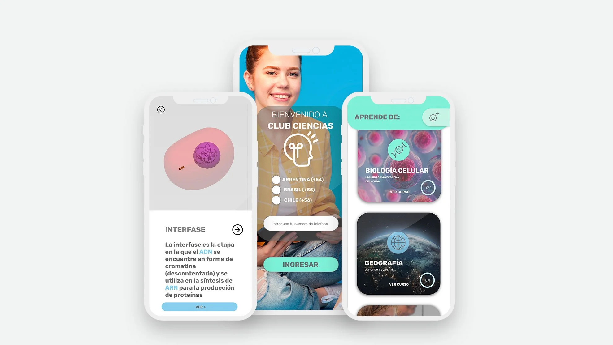 Screenshot of a mobile app called 'Club Ciencias' with three screens. The middle screen shows a smiling woman and options for Argentina, Brazil, and Chile, indicating different regions. The left screen displays an illustration and educational text about cellular interfaces. The right screen features science courses like Cellular Biology and Geography with progress indicators.