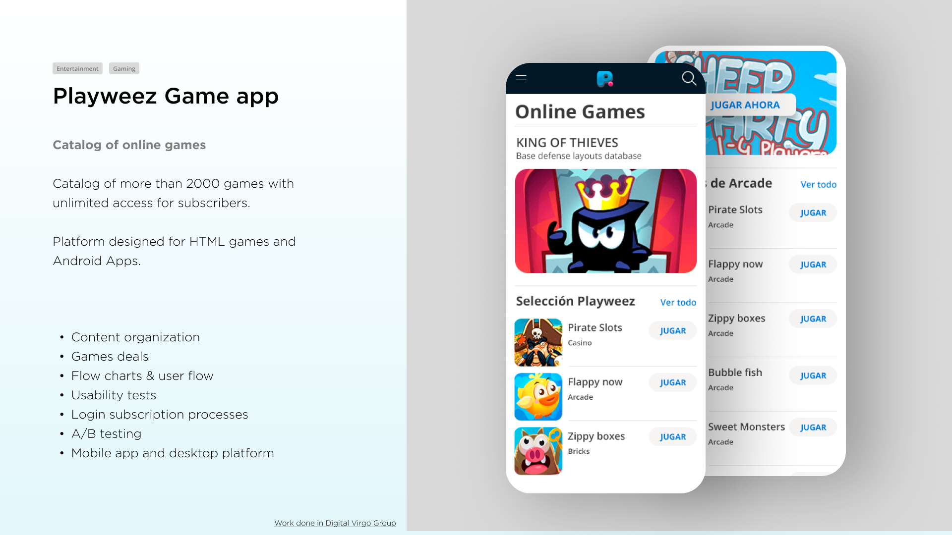 Screenshot of a webpage promoting Playweez Game app, showcasing a catalog of online games on mobile screens with various game titles listed.