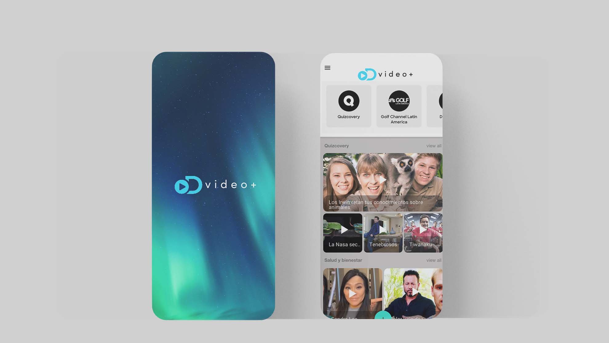 Mockup of a mobile app showcasing a streaming service named 'video+', with a splash screen on the left and a user interface on the right displaying video categories and thumbnails.