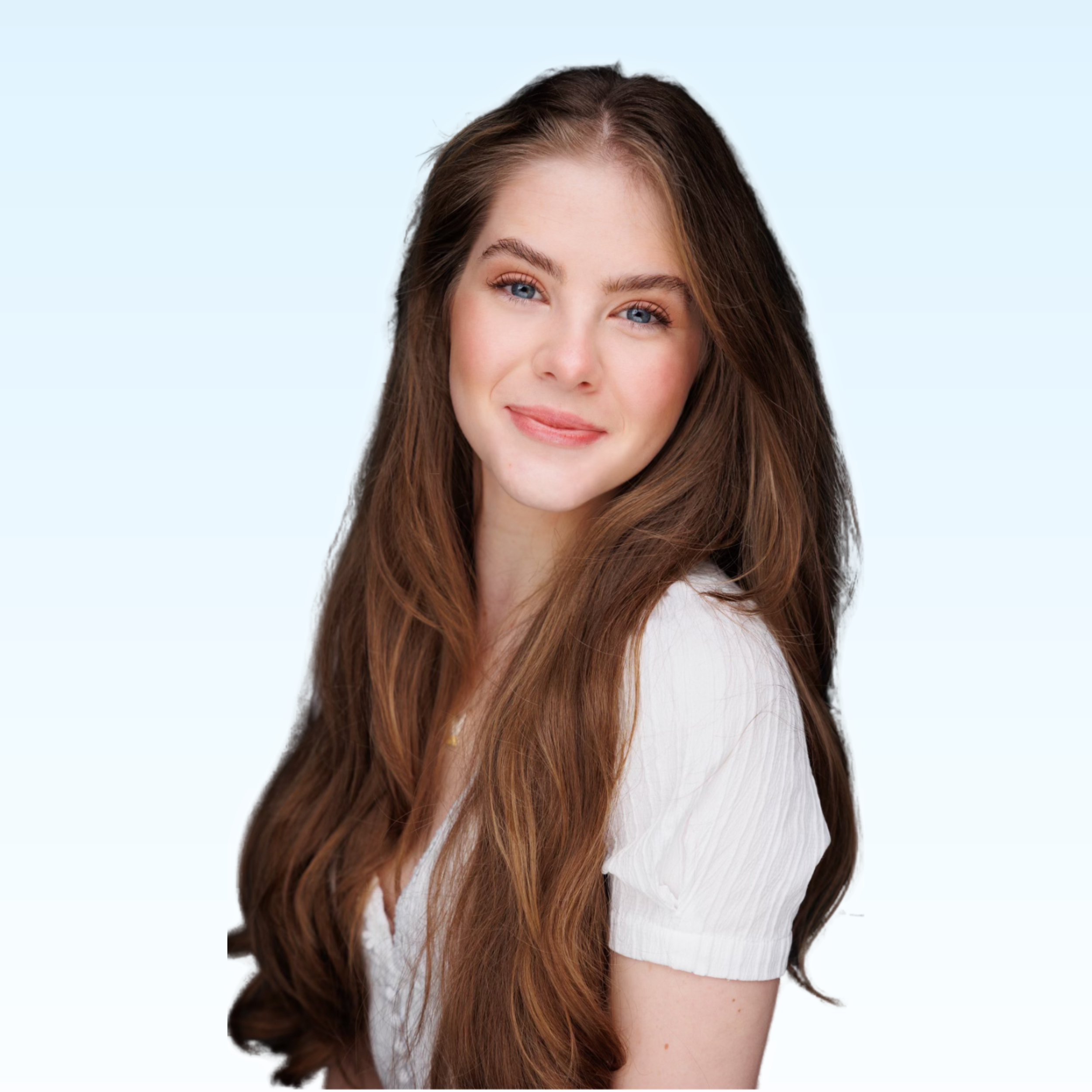 A young woman with long brown hair, wearing a white shirt.