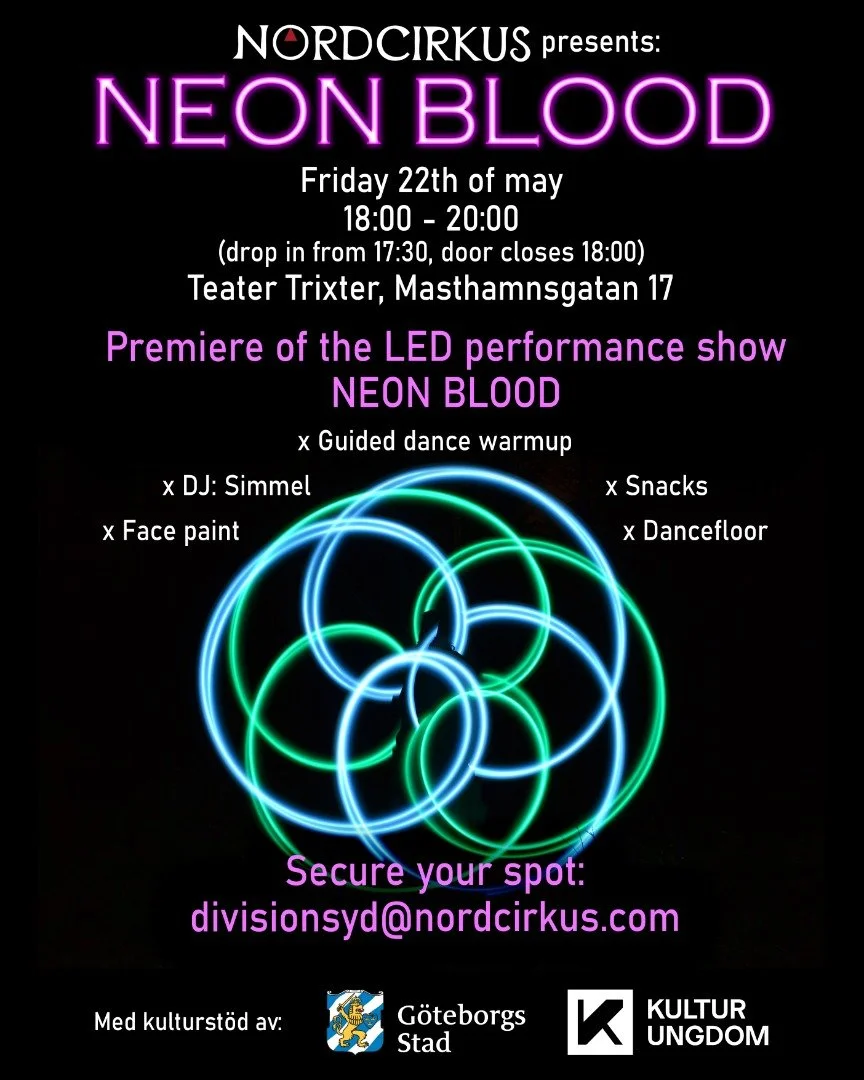 ✨NEON - CYBERPUNK - FUTURISM - TECHNO✨
PERFORMANCE - DANCE - DJ - ANSIKTSM&Aring;LNING

Varmt v&auml;lkomna till en kv&auml;ll med premi&auml;r f&ouml;r LED-showen Neon Blood f&ouml;ljt av dansgolv till DJ!

Neon Blood&hellip; &auml;r en cirkusshow o