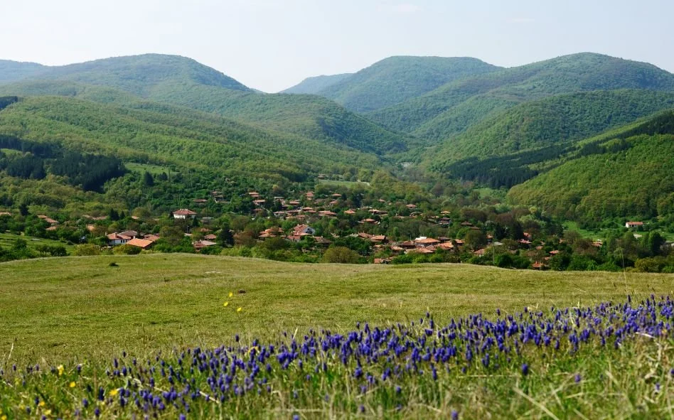 Село Медвен през пролетта – зелени хълмове и традиционни къщи в Стара планина