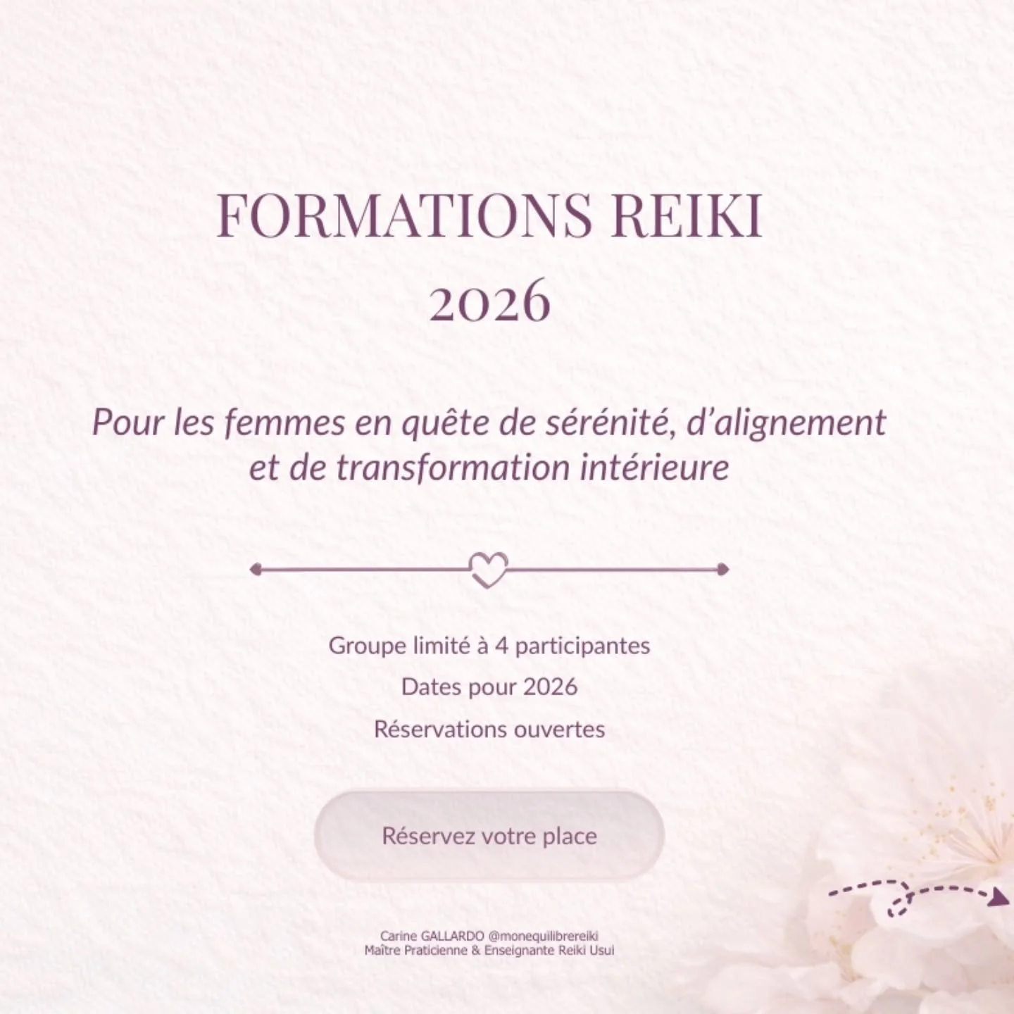 ✨ Formations Reiki 2026 ✨

En 2026, je propose plusieurs formations Reiki en pr&eacute;sentiel,
&agrave; destination des femmes en qu&ecirc;te de s&eacute;r&eacute;nit&eacute; et d&rsquo;&eacute;quilibre.

🌿 1er, 2e et 3e degr&eacute; Reiki Usui
🌿 