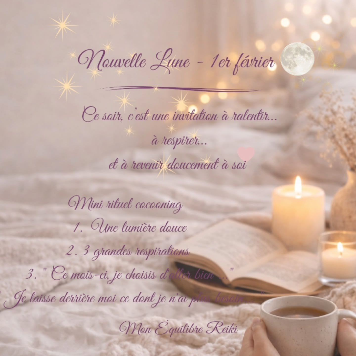 🌙 Nouvelle Lune &ndash; 1er f&eacute;vrier 🌑✨

Ce soir, c&rsquo;est une invitation &agrave; ralentir&hellip;
&agrave; respirer&hellip;
et &agrave; revenir doucement &agrave; soi 💛

La Nouvelle Lune marque le d&eacute;but d&rsquo;un nouveau cycle ?