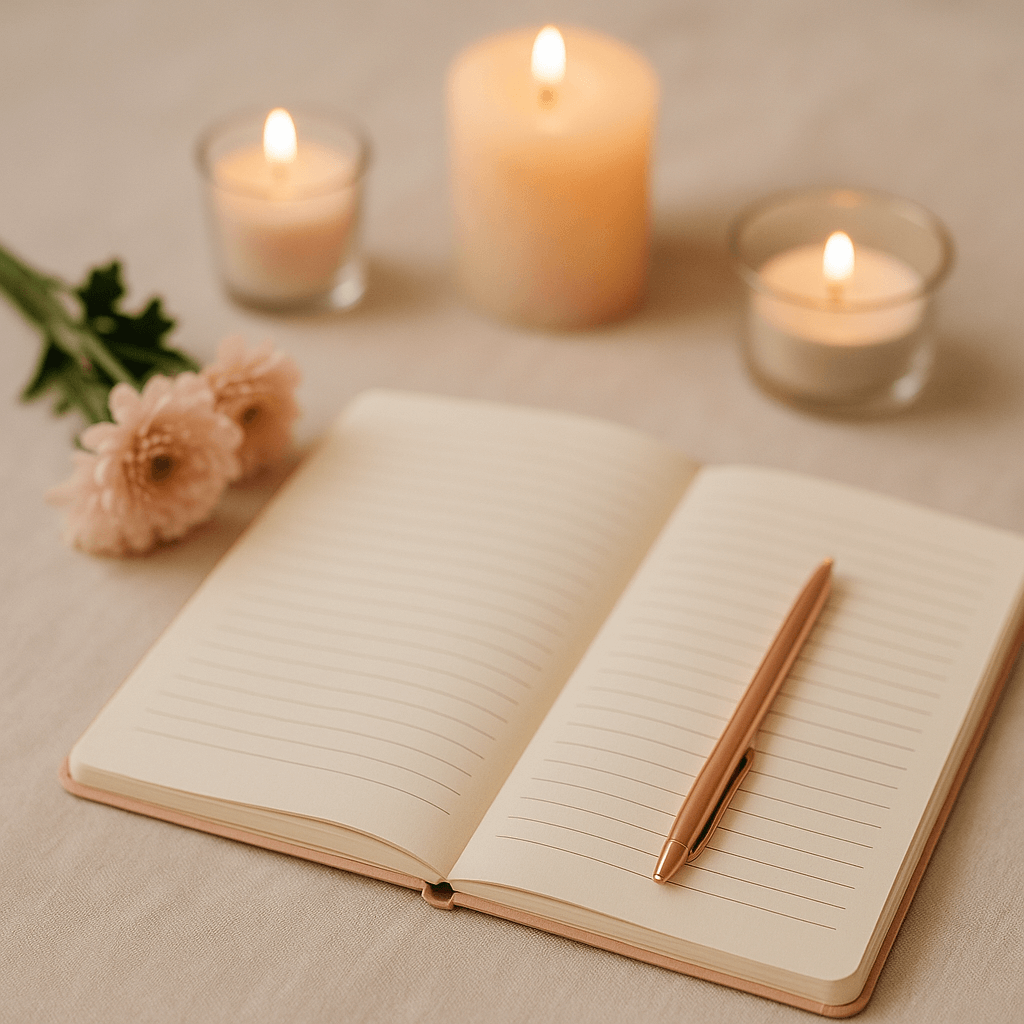 Cahier ouvert avec un stylo en or posé dessus, entouré de trois bougies allumées et de quelques fleurs roses sur une table textile beige.
