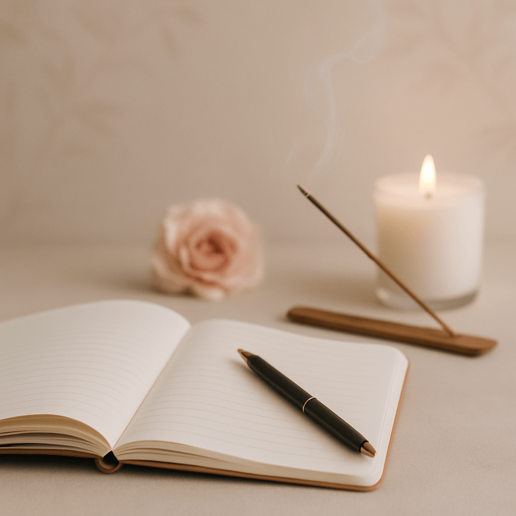 Un carnet ouvert avec un stylo dessus, une rose, une bougie allumée et un encens dans un décor neutre et calme.