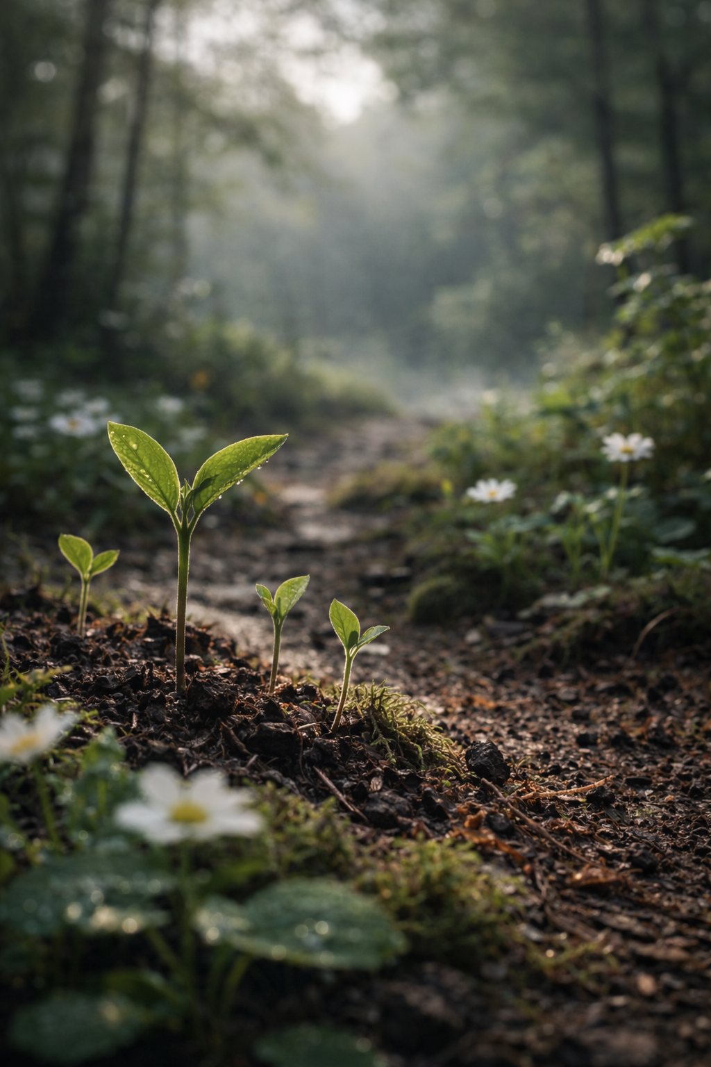 Un skovsti med unge planter, blomster og sollys, der bryder igennem træerne.