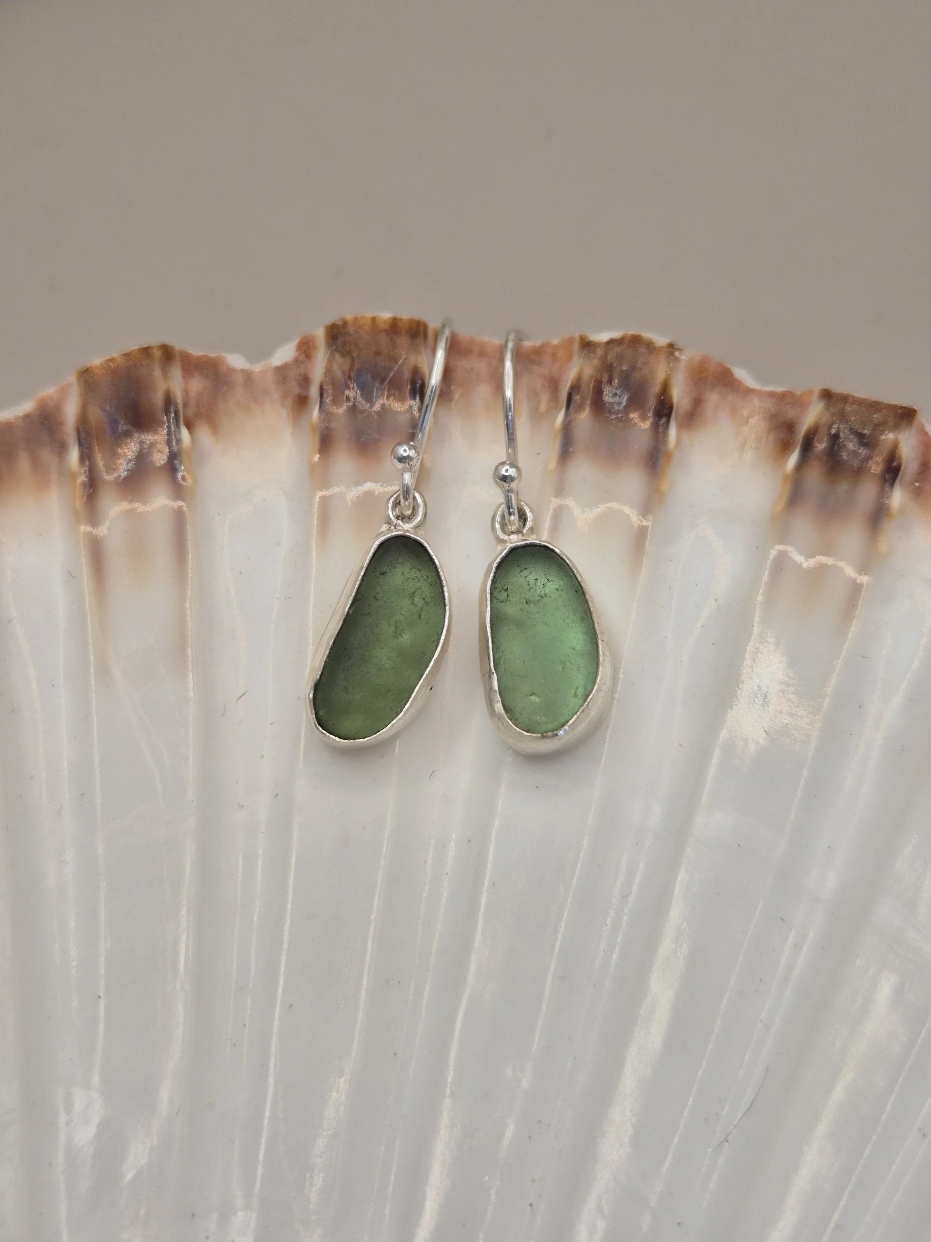 Deep Green Sea Glass Sterling Silver Drop Earrings