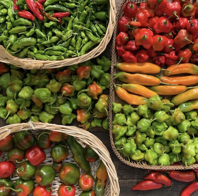 A variety of peppers, including red and green, in baskets at a market stand.