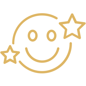 Gold illustration of a smiley face with two stars