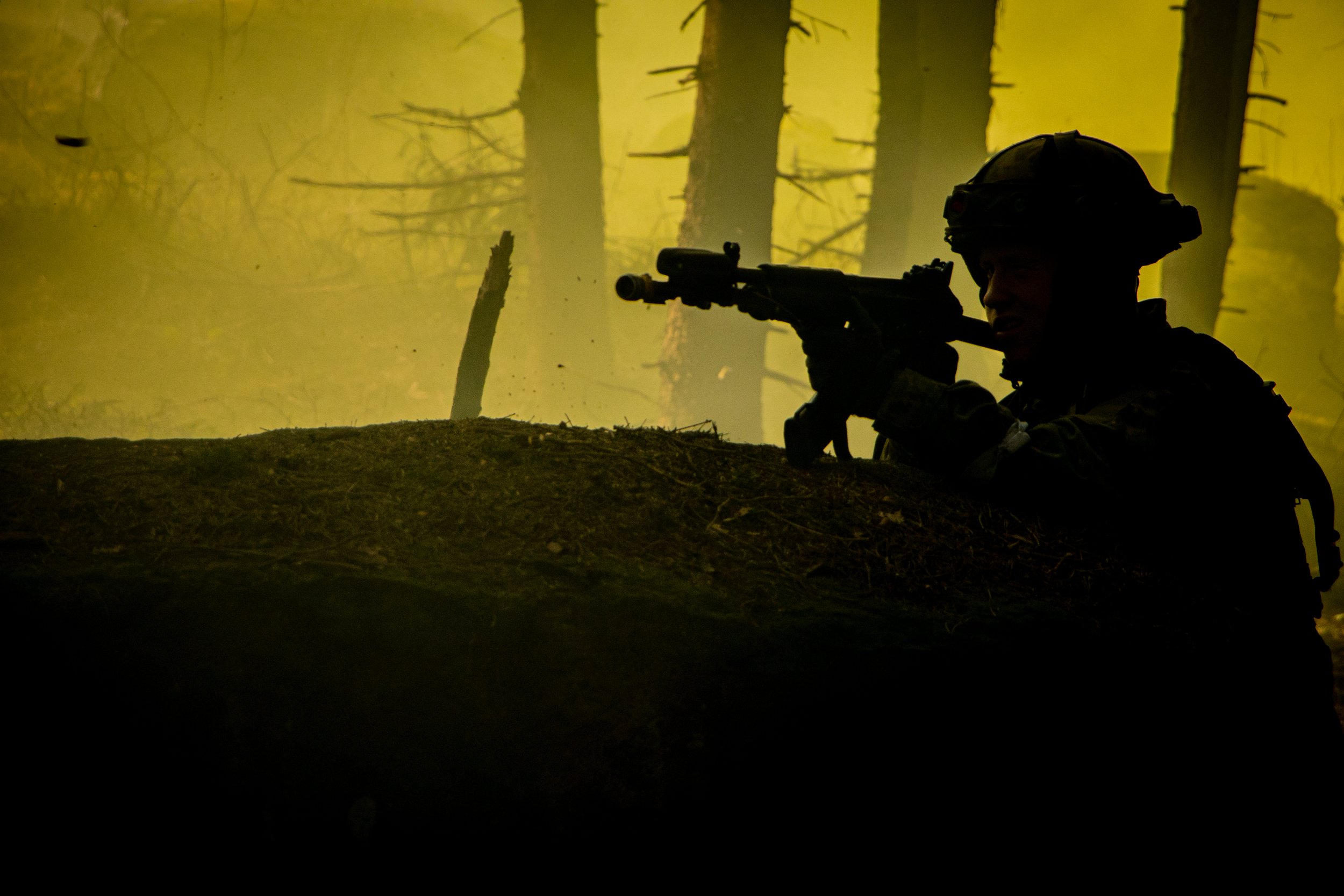 Silhouette of a soldier lying prone behind a log in a forest, aiming a rifle, with a smoky, yellowish background and trees.