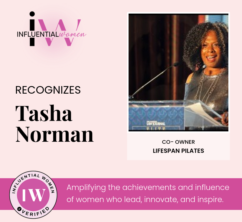 Influential Women recognition of Tasha Norman, co-owner of LifeSpan Pilates; photo from an ALM/National Law Journal event during her media career